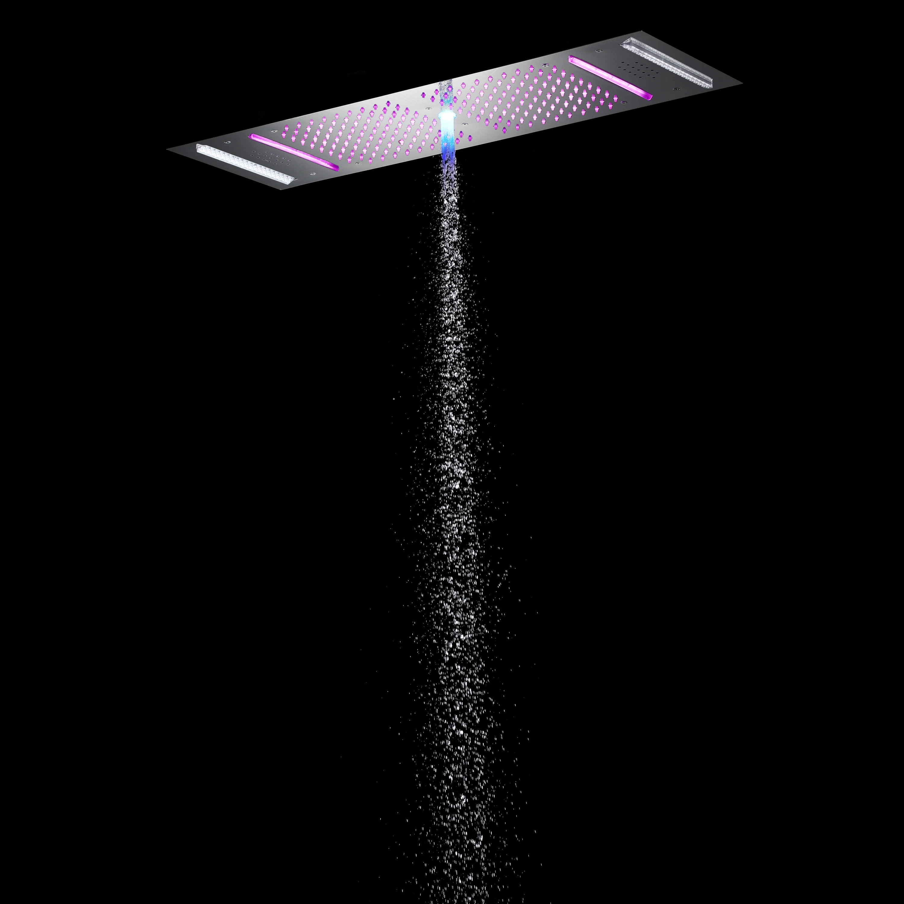 Brushed Nickel or brushed gold or matte black 36-Inch Rainfall Waterfall Water Column 4 functions Shower Head with Bluetooth Music and 64 LED Lights