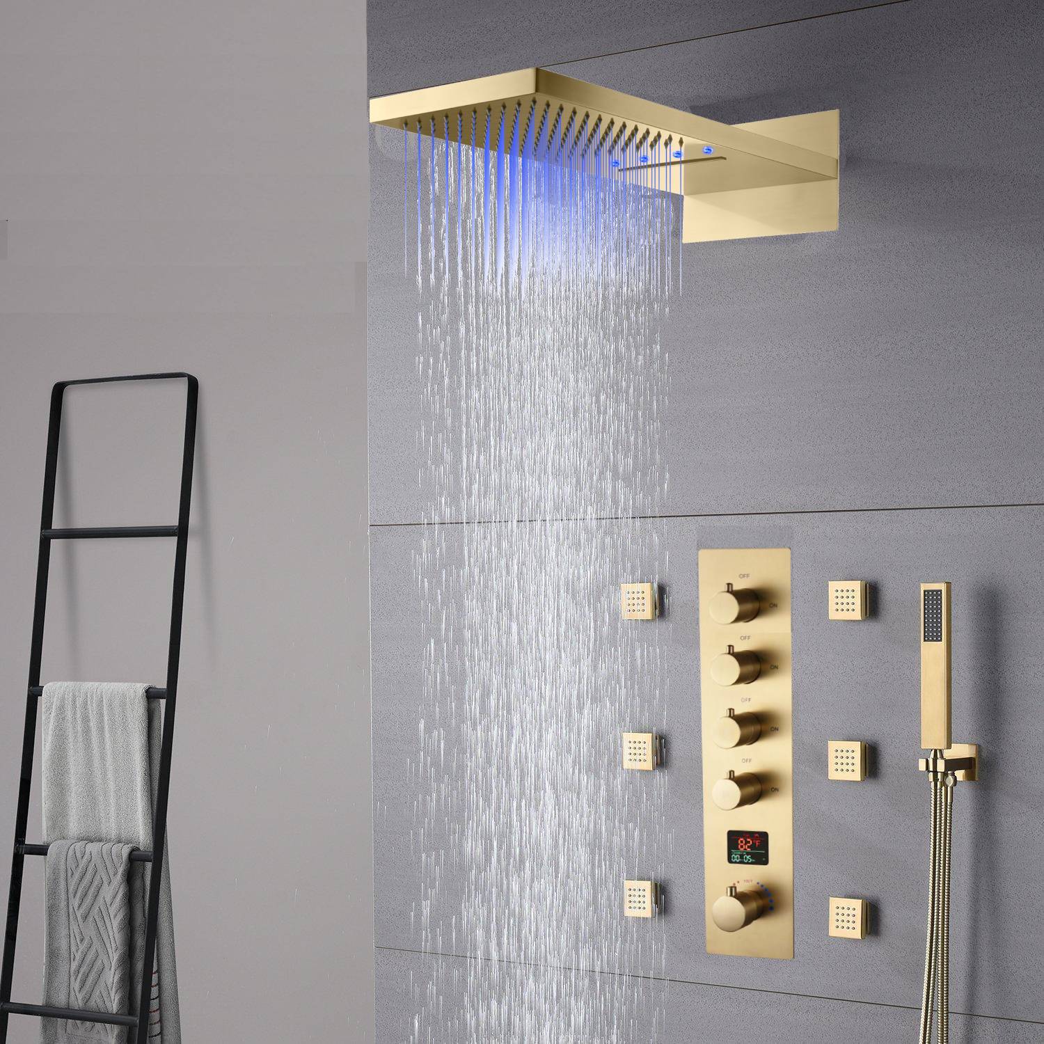 The Exquisite 22-Inch Brushed Gold 4-Way Digital Display Thermostatic Shower Valve System with Simultaneous and Individual Functionality - Image 2