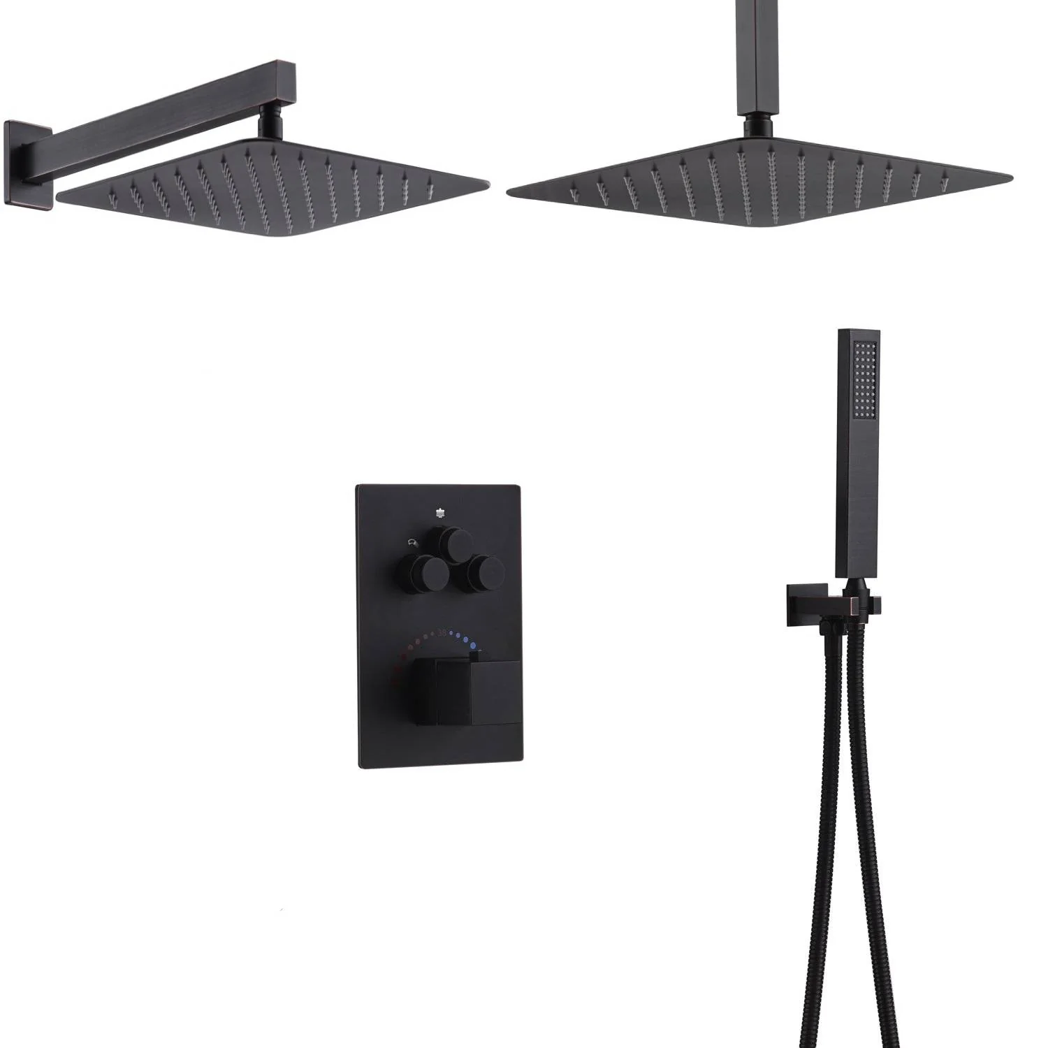 12-Inch Non-LED Light Ceiling Mounted Oil Rubbed Bronze 3-Way Thermostatic Shower Faucet System with Wall Mount 12-Inch Rainfall Shower Head - Image 8