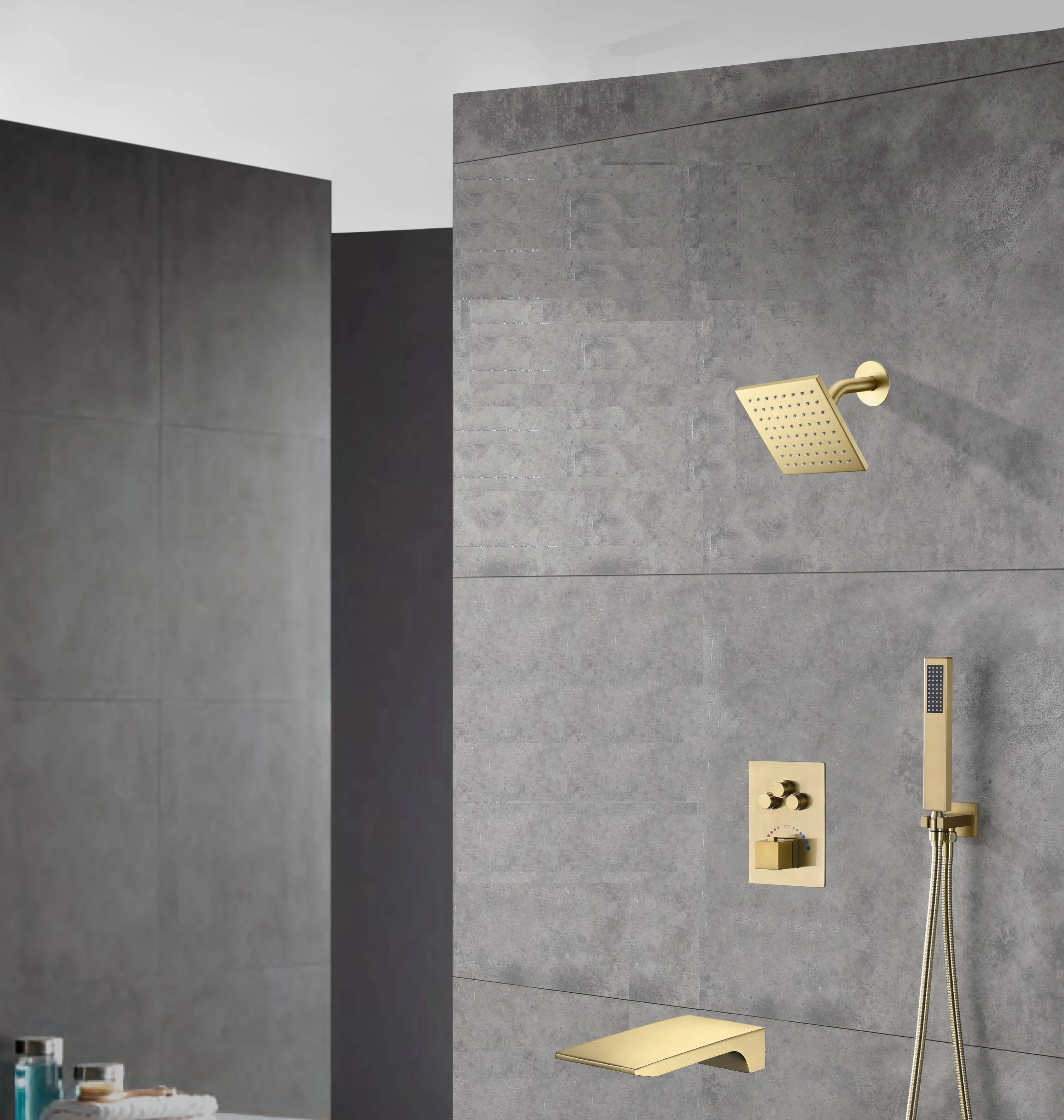 wall  mount regular head  Brushed gold 3 way Thermostatic Shower valve system with tub spout that each function run all together and separately - Image 10