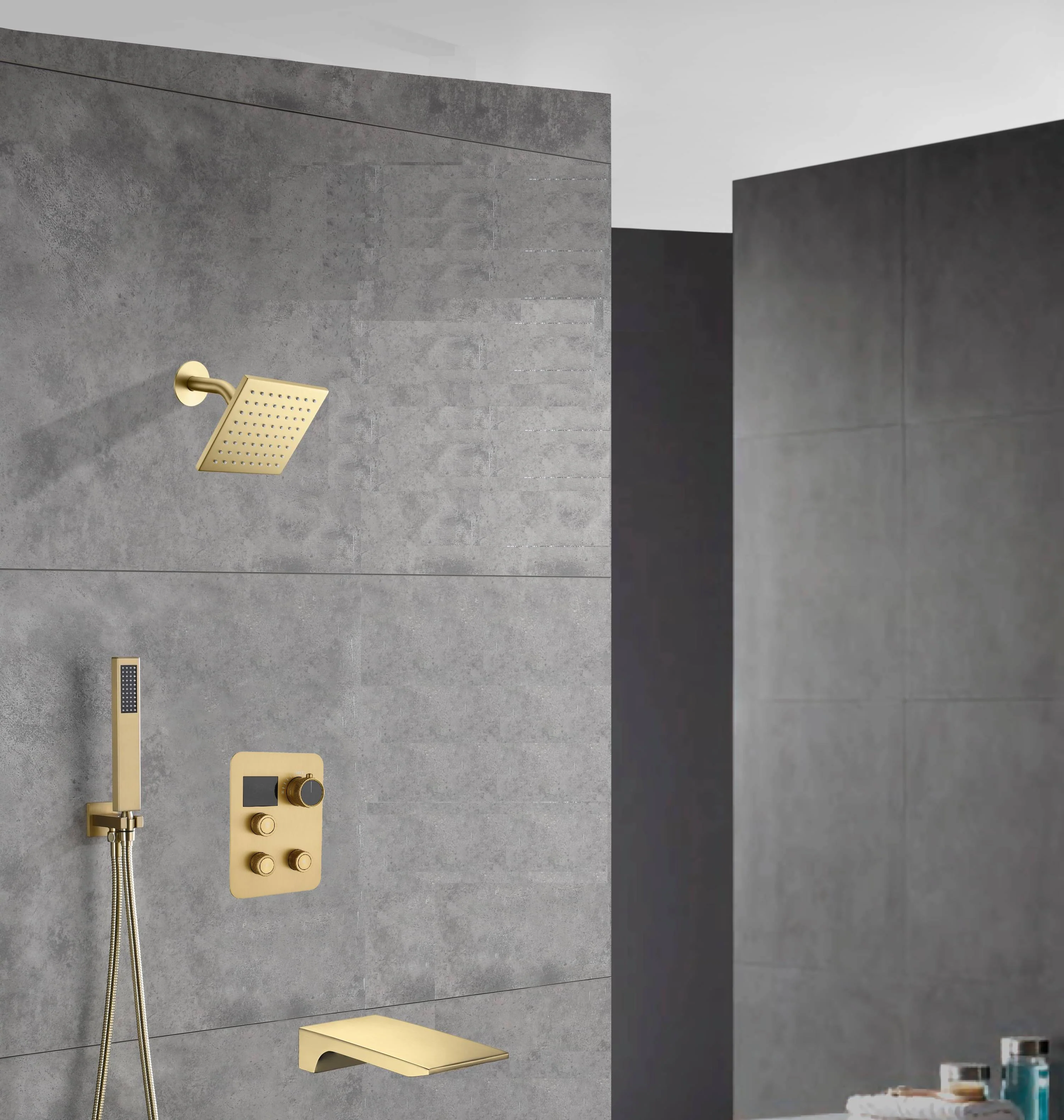 wall  mount regular head  Brushed gold 3 way Thermostatic Shower valve system with tub spout that each function run all together and separately - Image 12