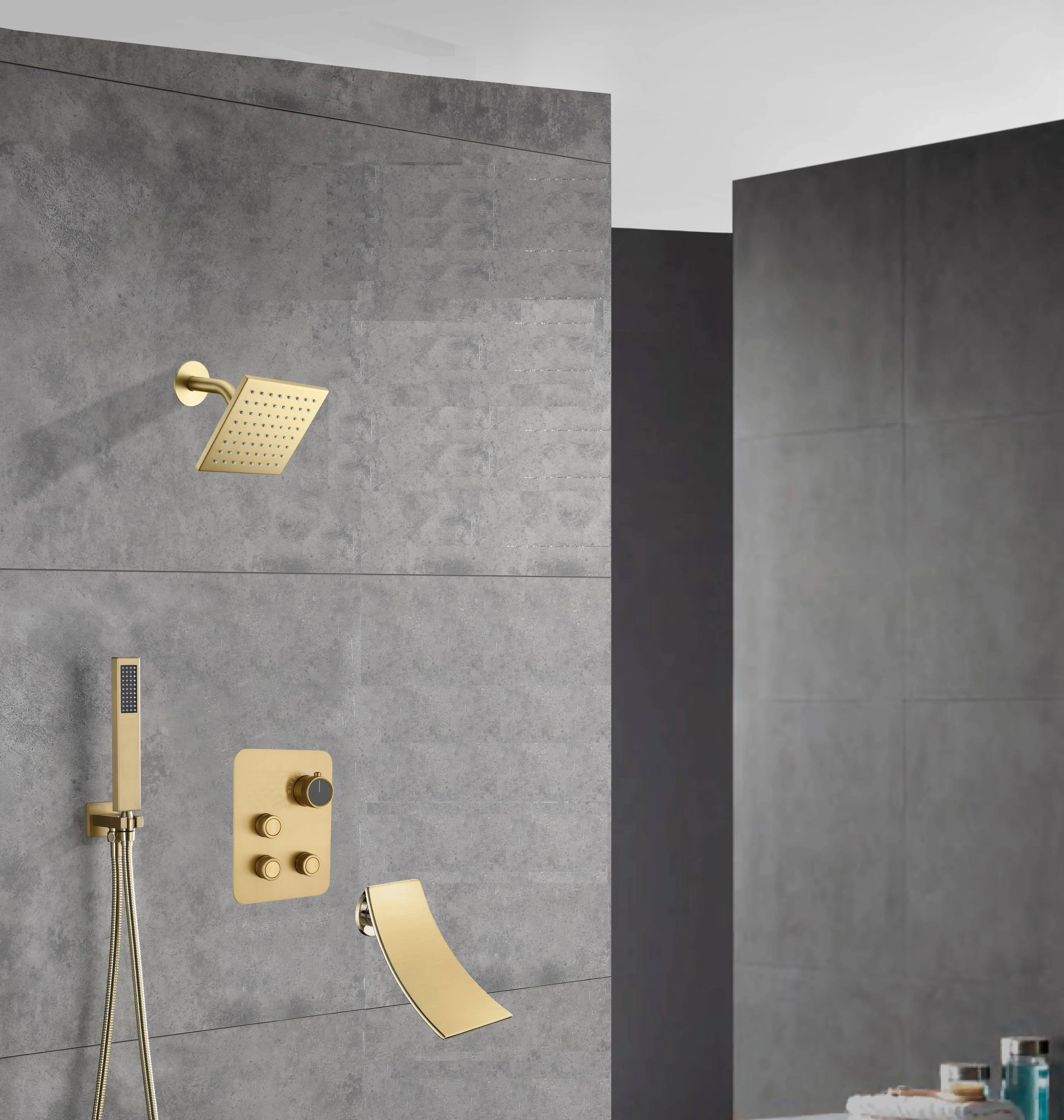 wall  mount regular head  Brushed gold 3 way Thermostatic Shower valve system with tub spout that each function run all together and separately - Image 14