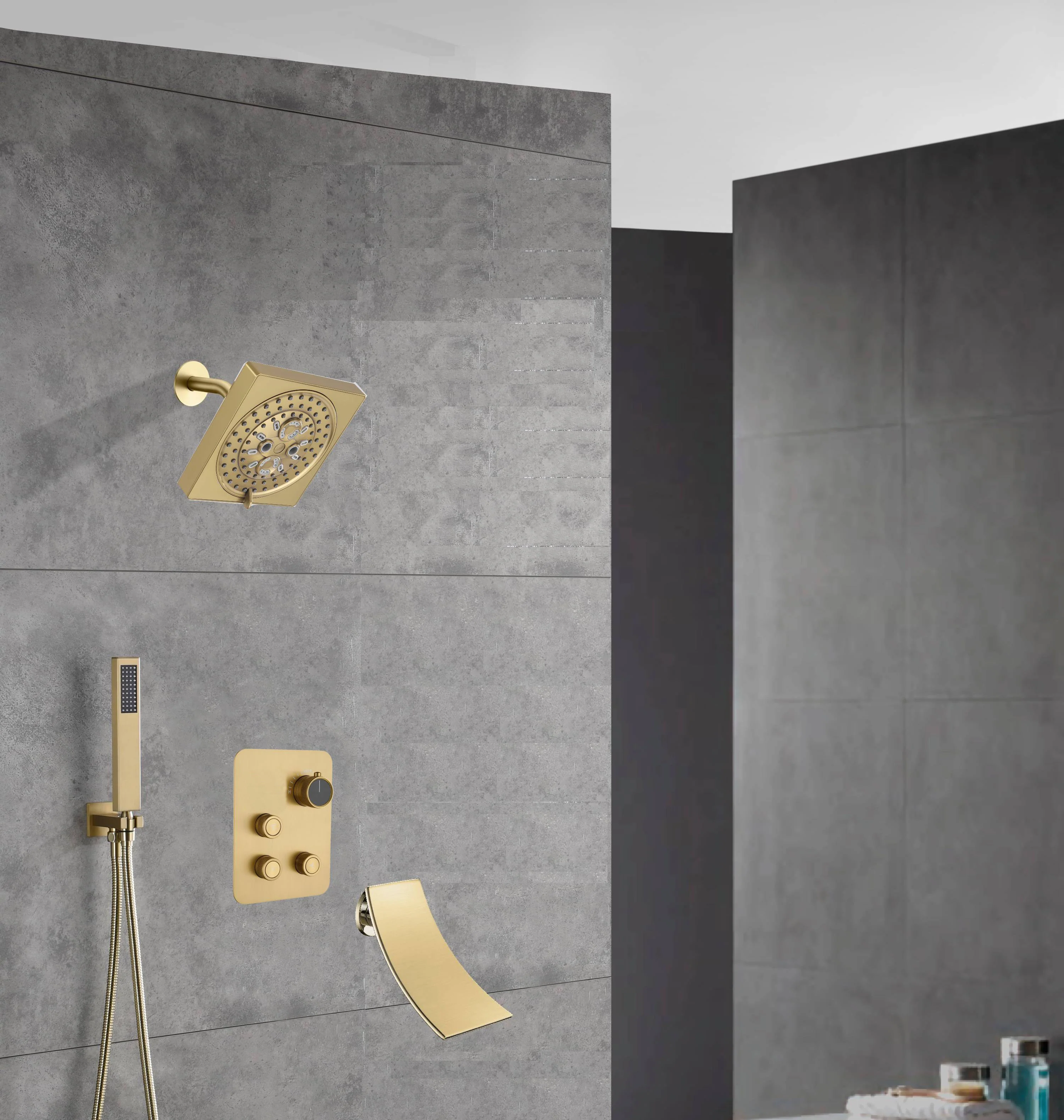 wall  mount regular head  Brushed gold 3 way Thermostatic Shower valve system with tub spout that each function run all together and separately - Image 15