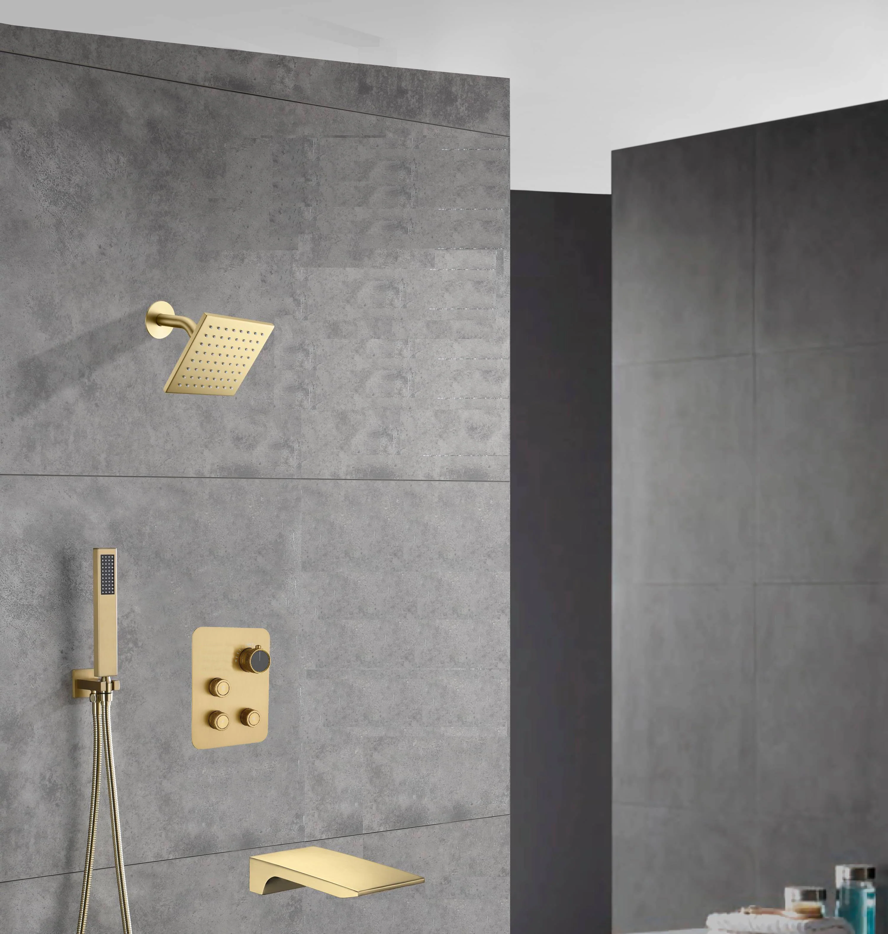 wall  mount regular head  Brushed gold 3 way Thermostatic Shower valve system with tub spout that each function run all together and separately - Image 16