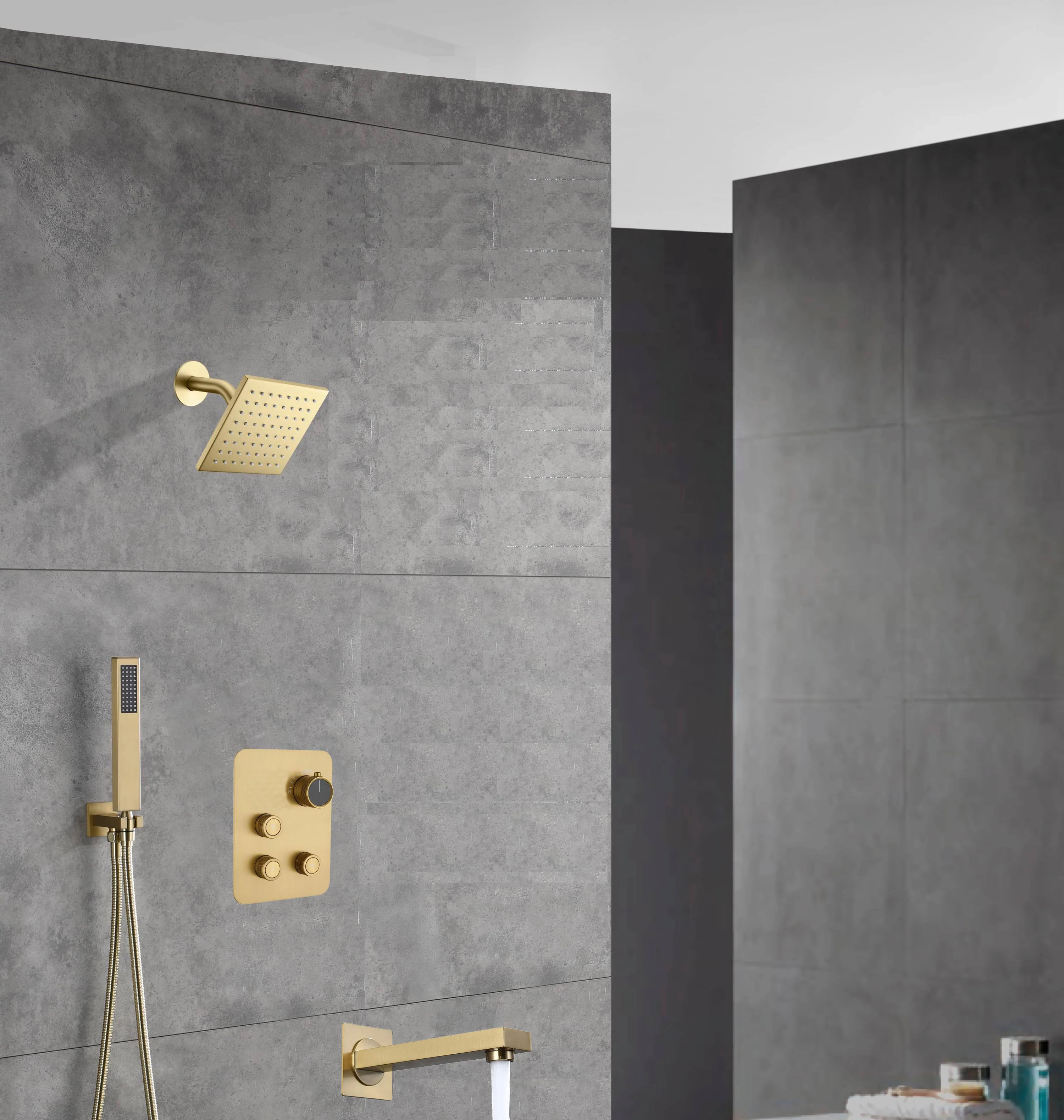 wall  mount regular head  Brushed gold 3 way Thermostatic Shower valve system with tub spout that each function run all together and separately - Image 18