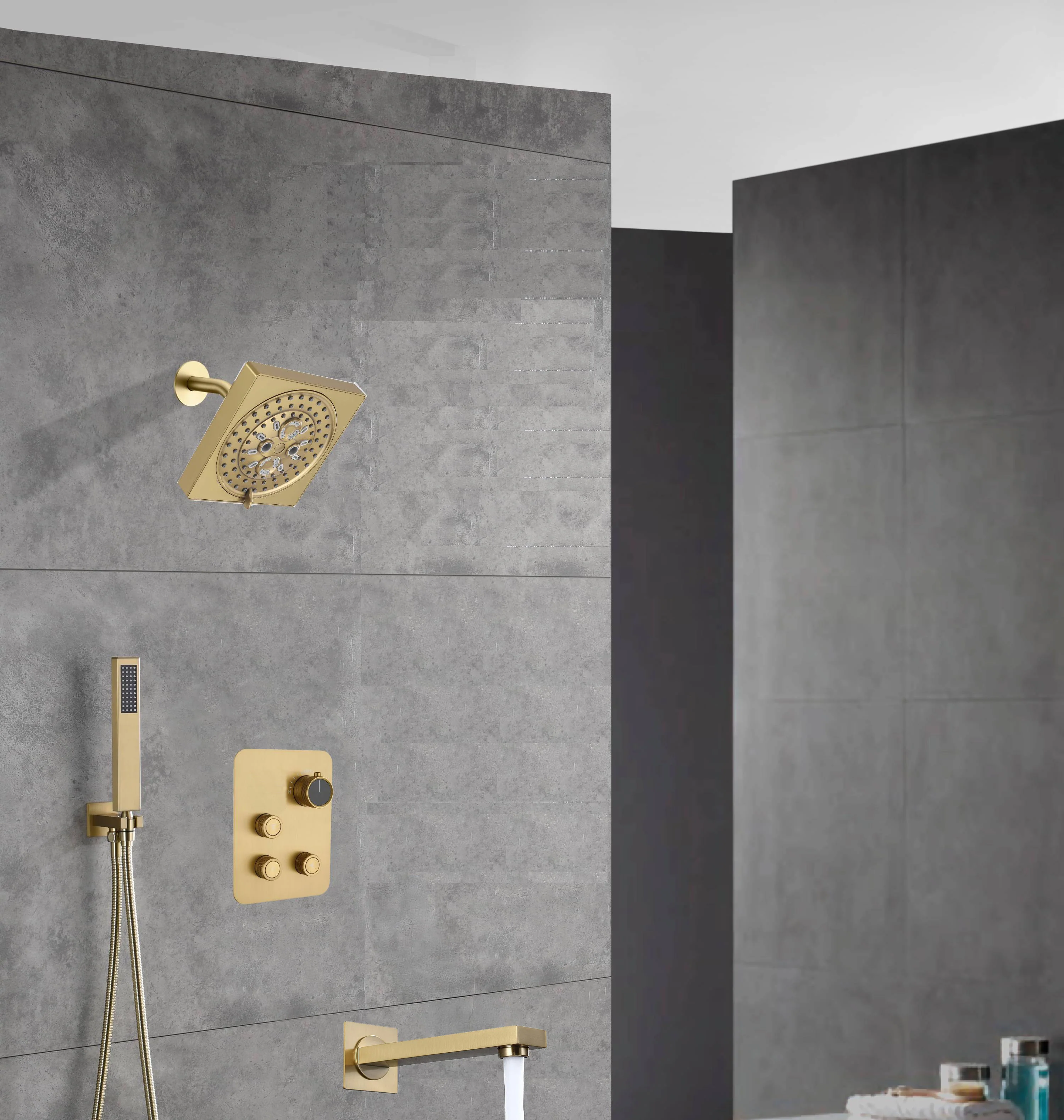 wall  mount regular head  Brushed gold 3 way Thermostatic Shower valve system with tub spout that each function run all together and separately - Image 19