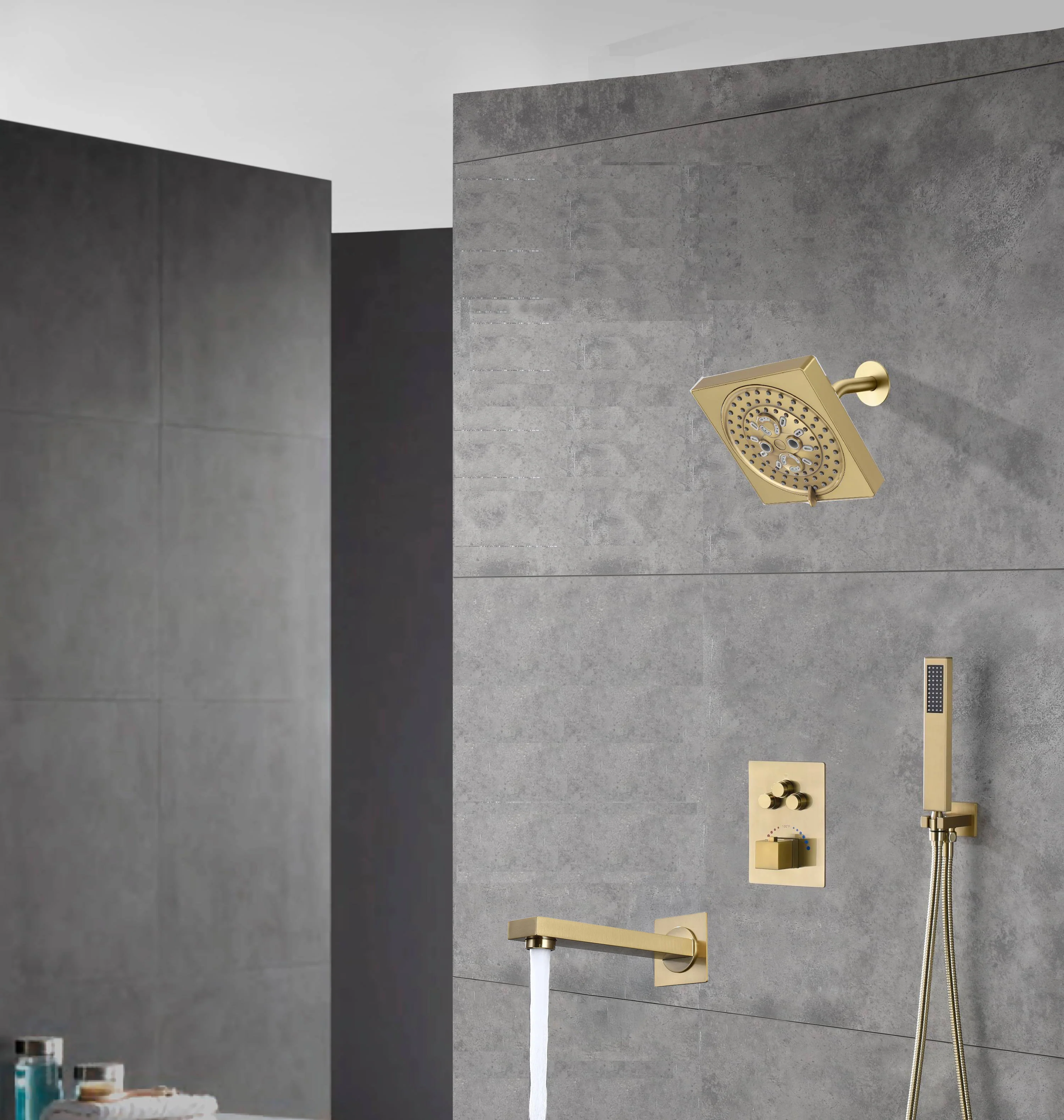 wall  mount regular head  Brushed gold 3 way Thermostatic Shower valve system with tub spout that each function run all together and separately - Image 2
