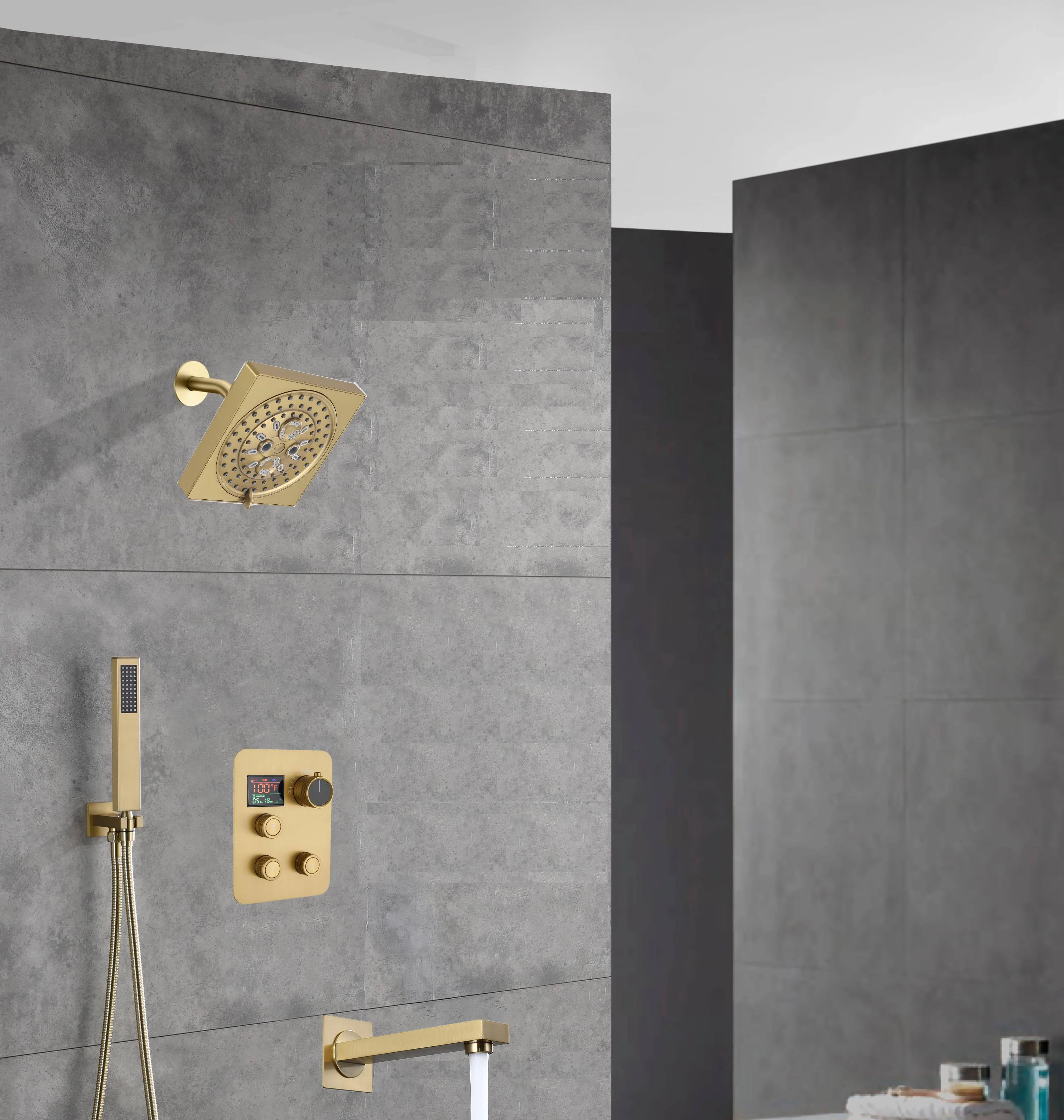 wall  mount regular head  Brushed gold 3 way Thermostatic Shower valve system with tub spout that each function run all together and separately - Image 3