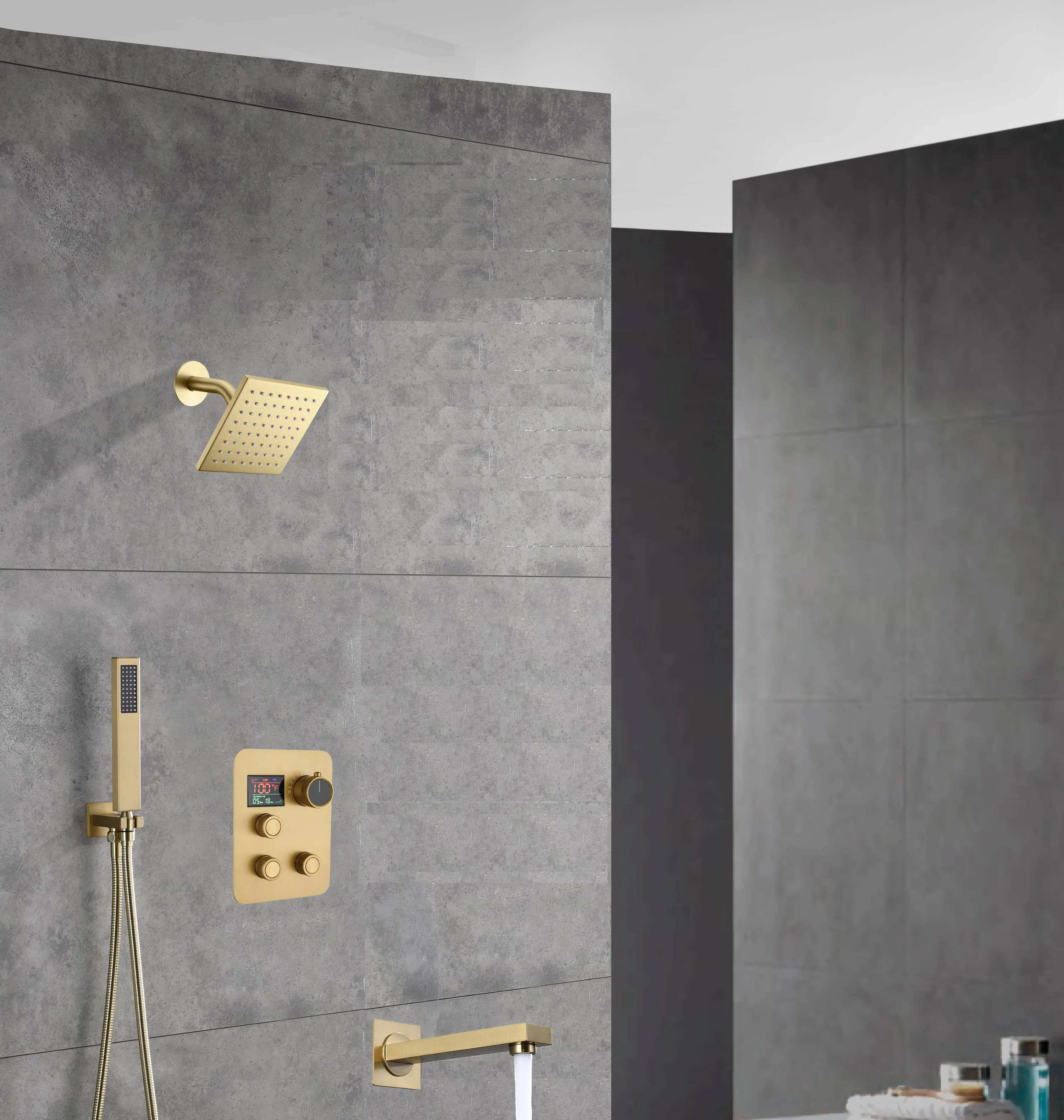 wall  mount regular head  Brushed gold 3 way Thermostatic Shower valve system with tub spout that each function run all together and separately - Image 4