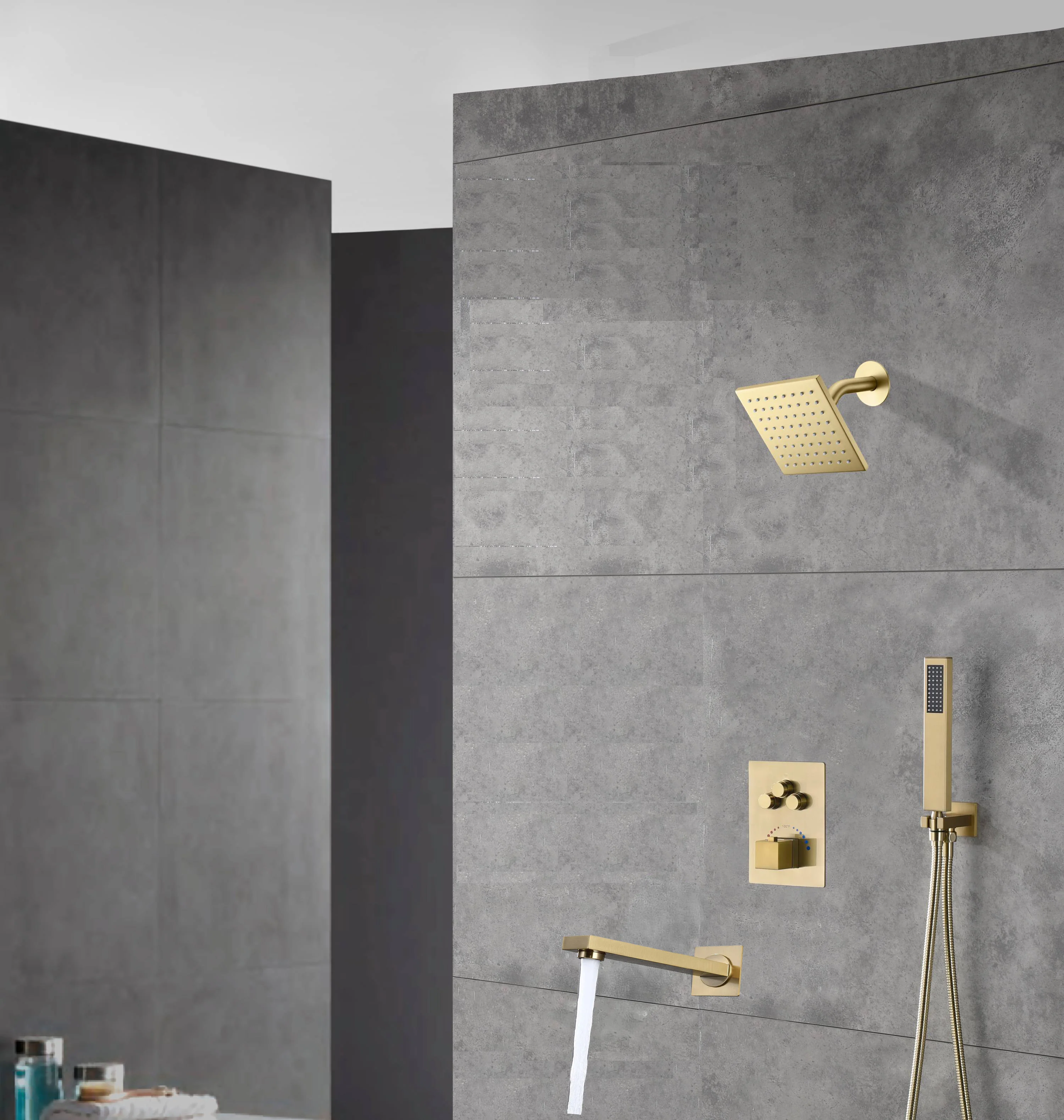wall  mount regular head  Brushed gold 3 way Thermostatic Shower valve system with tub spout that each function run all together and separately - Image 5