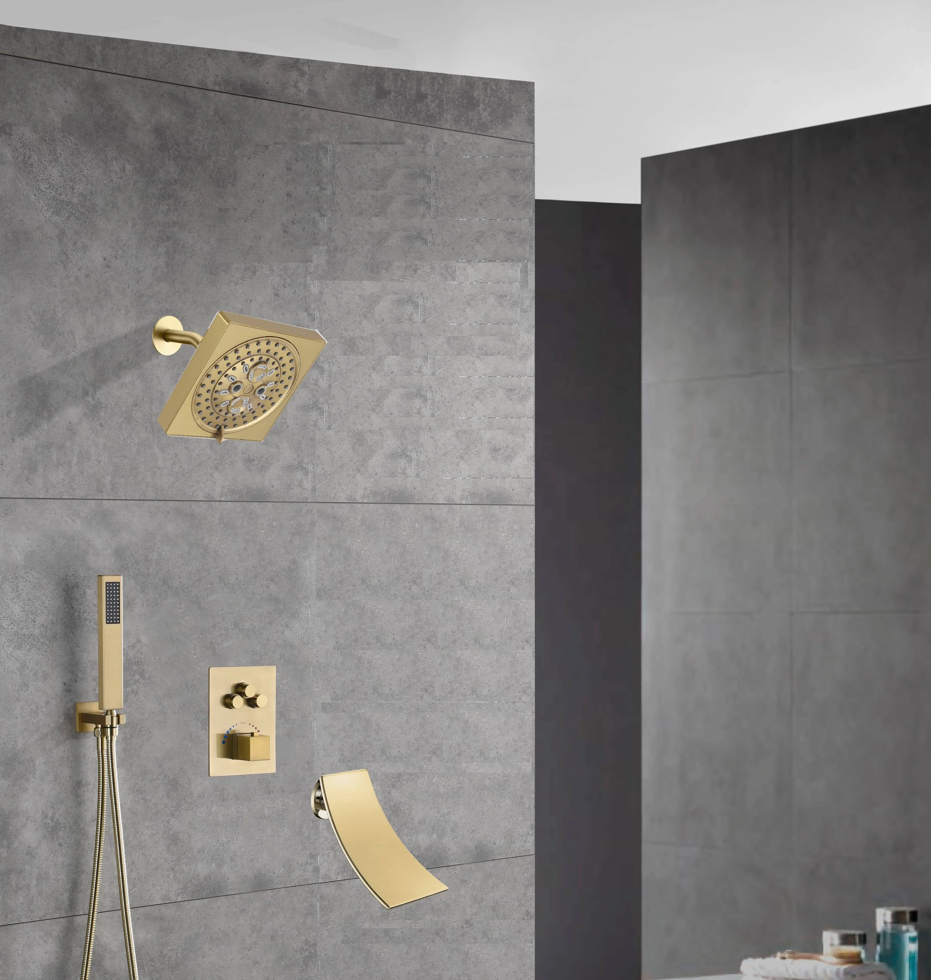 wall  mount regular head  Brushed gold 3 way Thermostatic Shower valve system with tub spout that each function run all together and separately - Image 6