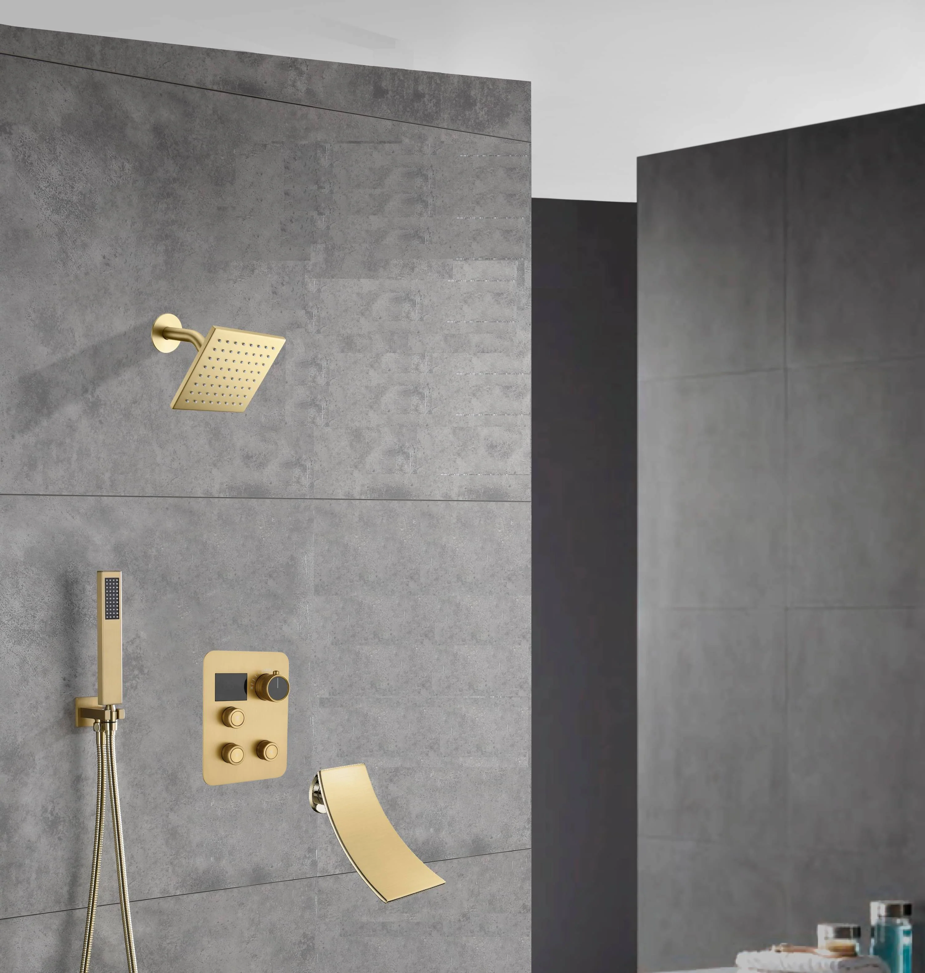 wall  mount regular head  Brushed gold 3 way Thermostatic Shower valve system with tub spout that each function run all together and separately - Image 7