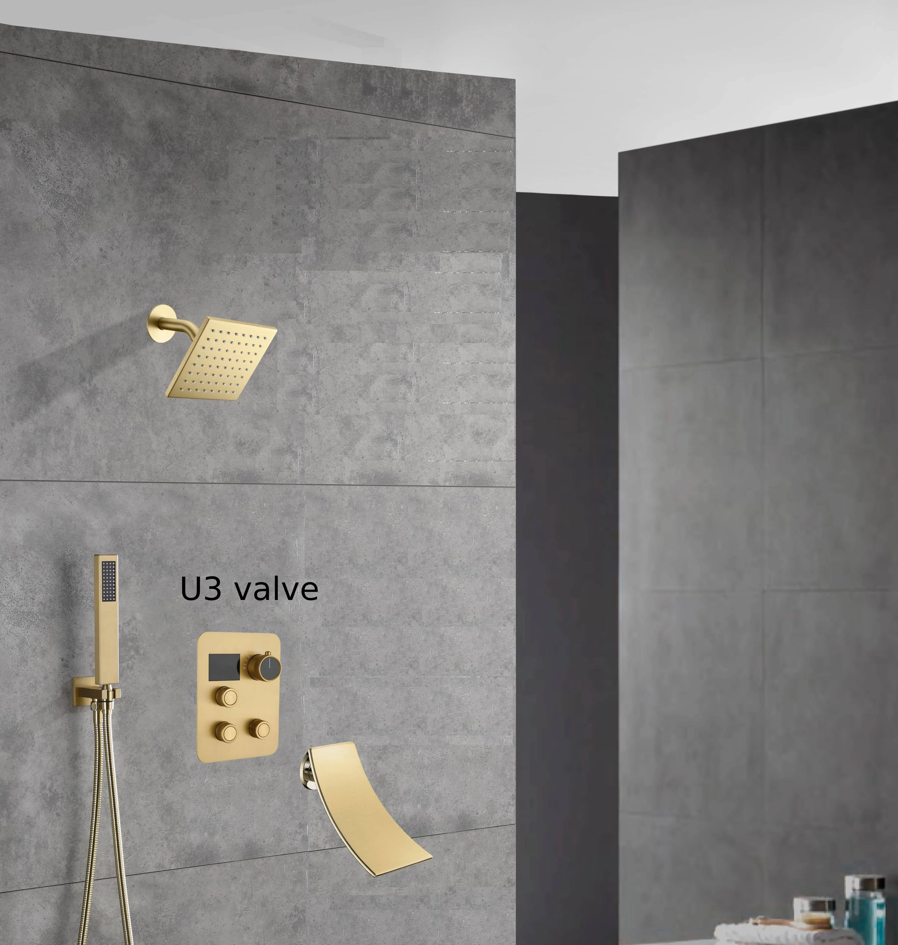 wall  mount regular head  Brushed gold 3 way Thermostatic Shower valve system with tub spout that each function run all together and separately - Image 8