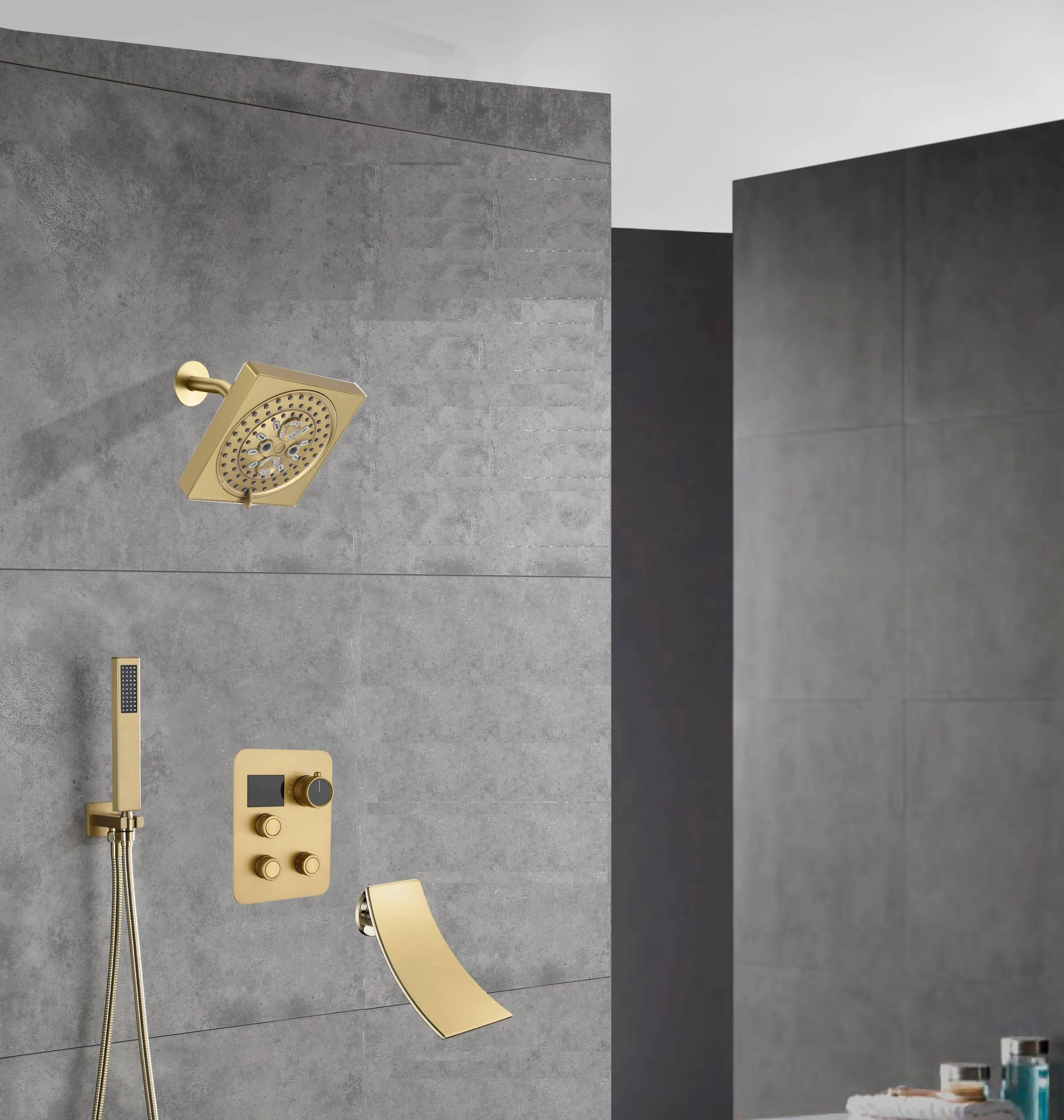 wall  mount regular head  Brushed gold 3 way Thermostatic Shower valve system with tub spout that each function run all together and separately - Image 9