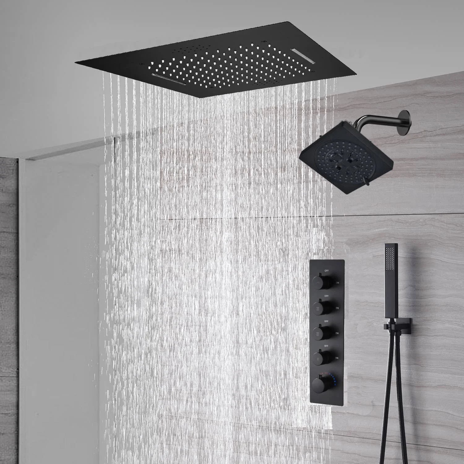 waterfall rainfall 20'' or 24'' Flush or ceiling mounted matte Black 4 way Digital display thermostatic shower faucets With regular head - Image 10