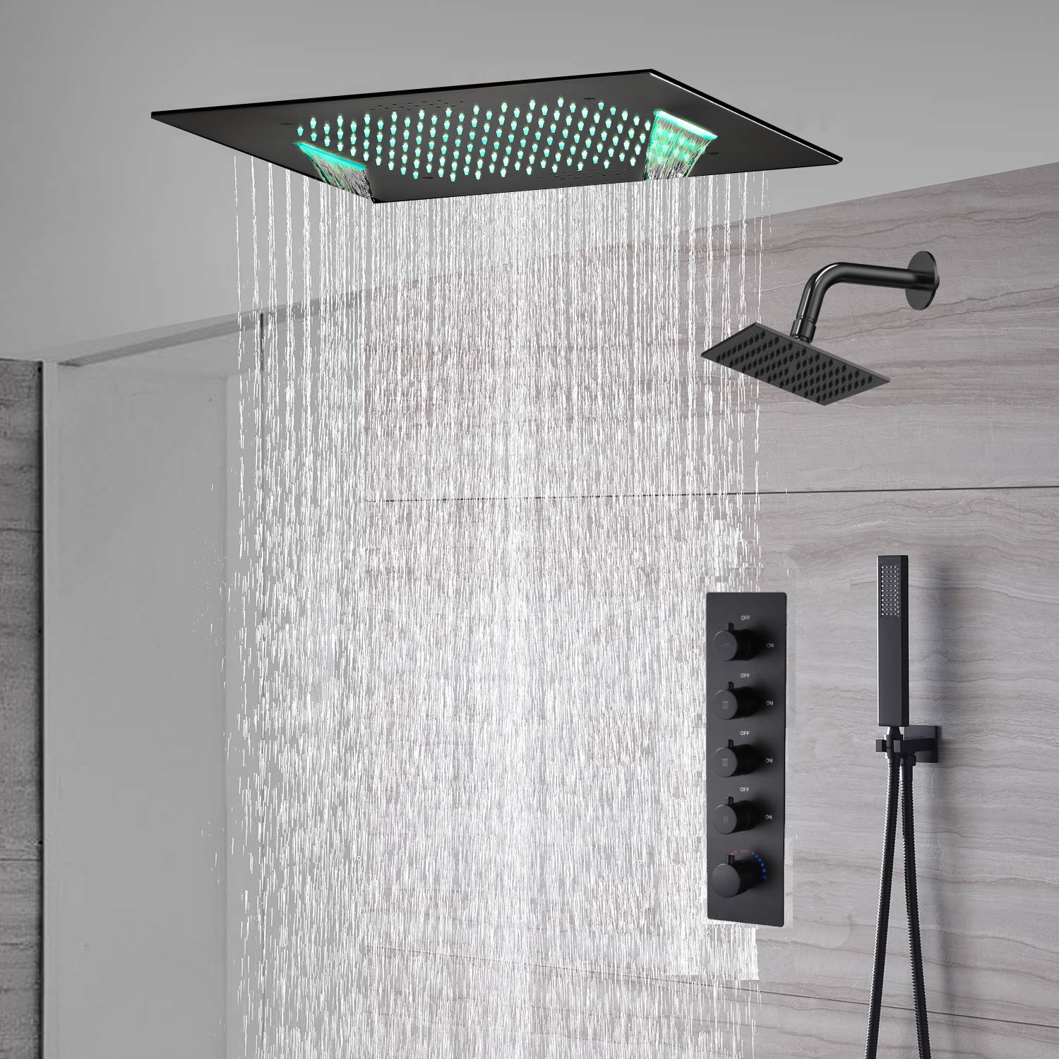 waterfall rainfall 20'' or 24'' Flush or ceiling mounted matte Black 4 way Digital display thermostatic shower faucets With regular head - Image 11