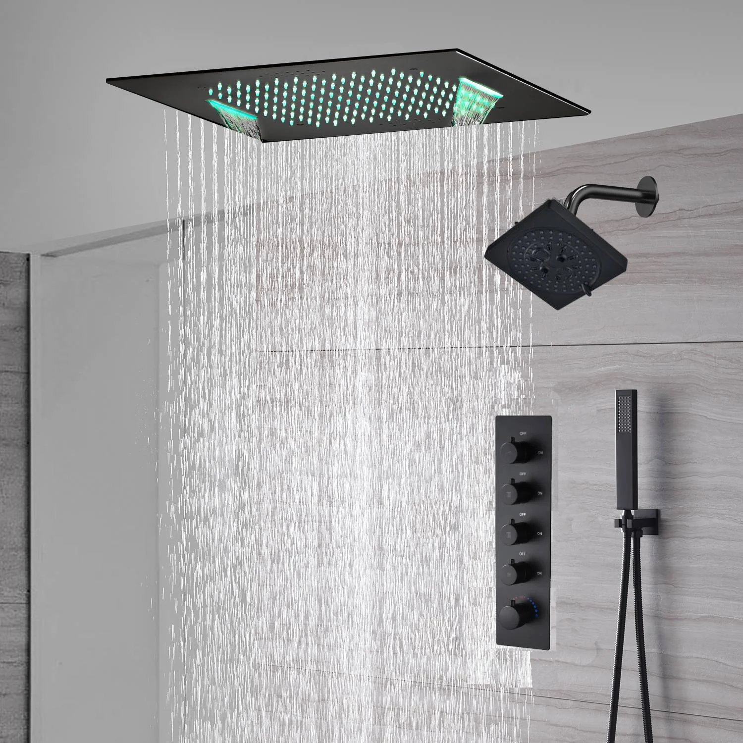 waterfall rainfall 20'' or 24'' Flush or ceiling mounted matte Black 4 way Digital display thermostatic shower faucets With regular head - Image 12