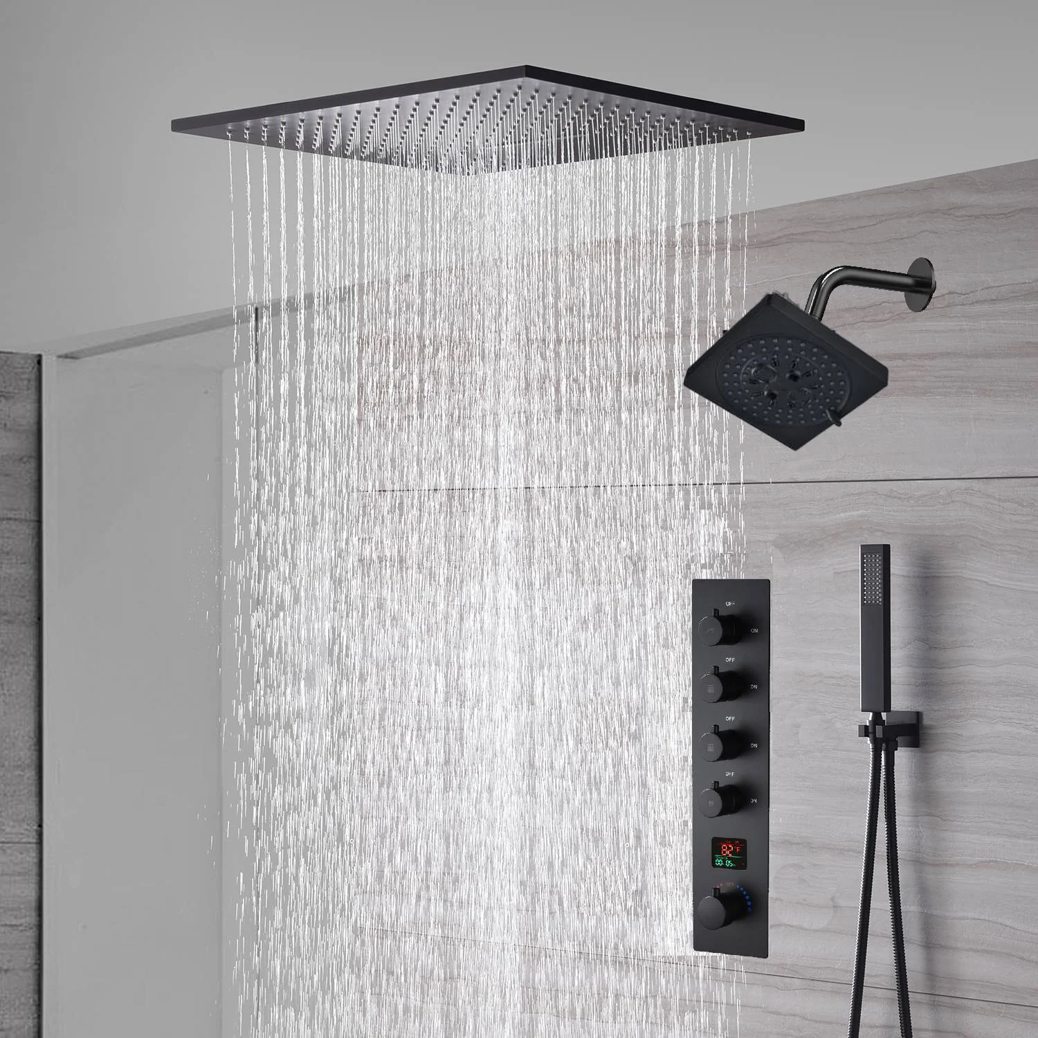 waterfall rainfall 20'' or 24'' Flush or ceiling mounted matte Black 4 way Digital display thermostatic shower faucets With regular head - Image 2