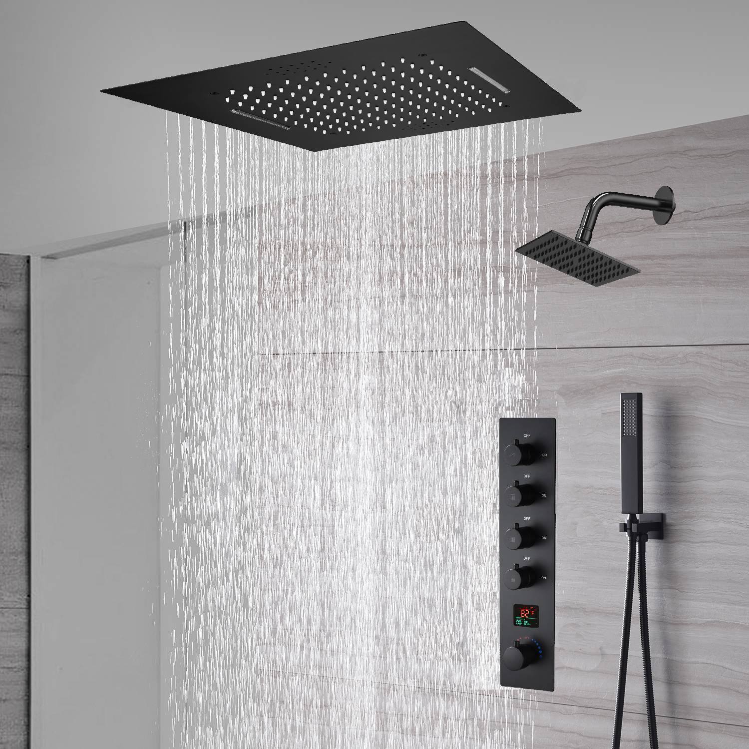 waterfall rainfall 20'' or 24'' Flush or ceiling mounted matte Black 4 way Digital display thermostatic shower faucets With regular head - Image 3