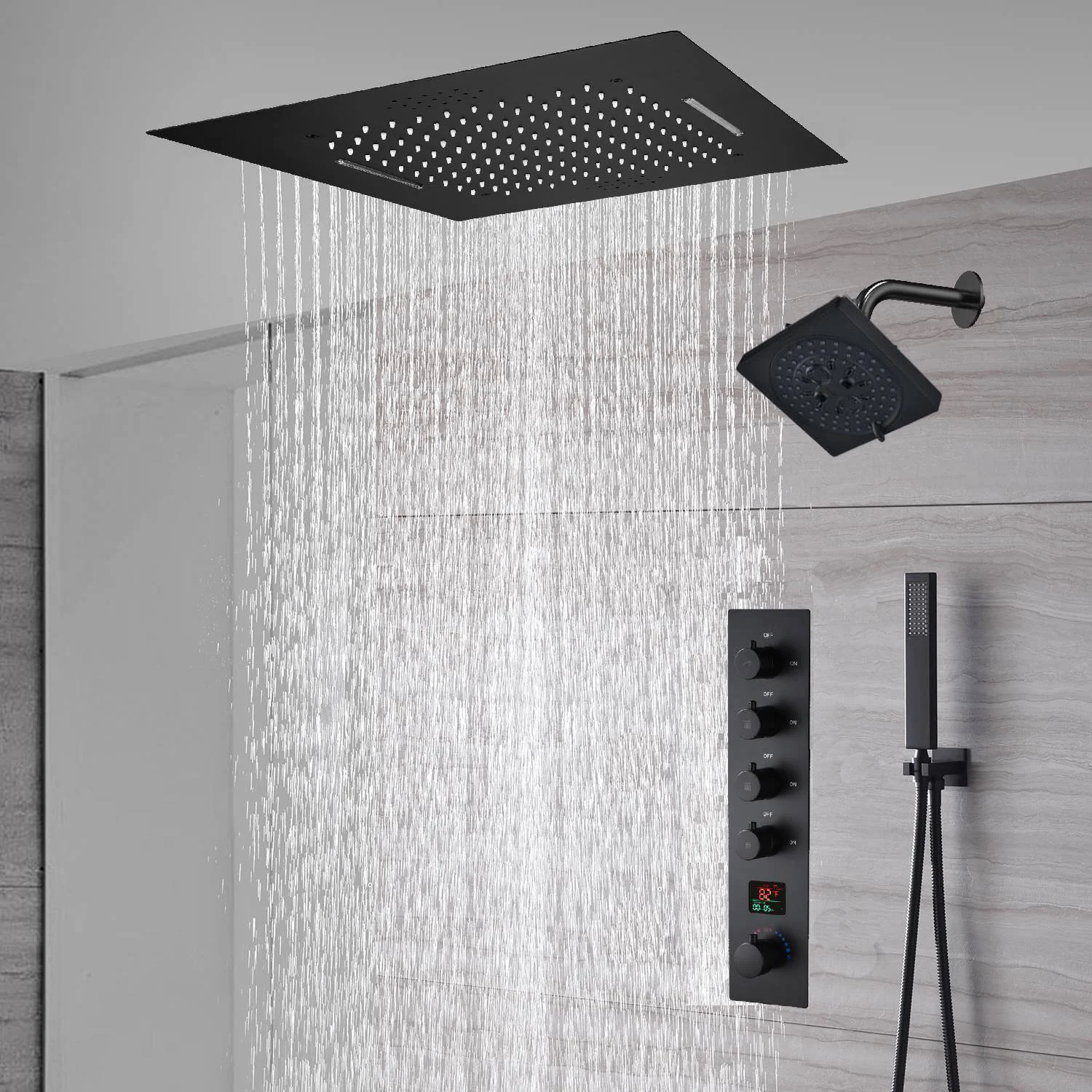 waterfall rainfall 20'' or 24'' Flush or ceiling mounted matte Black 4 way Digital display thermostatic shower faucets With regular head - Image 4