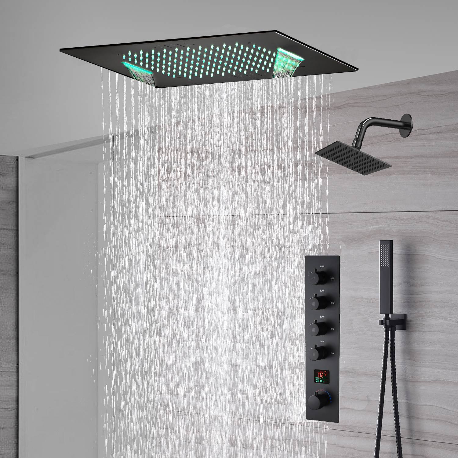 waterfall rainfall 20'' or 24'' Flush or ceiling mounted matte Black 4 way Digital display thermostatic shower faucets With regular head - Image 5
