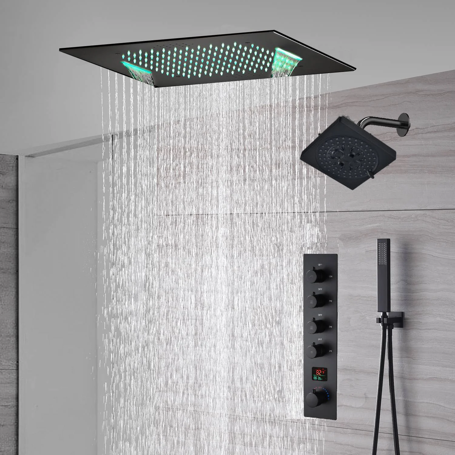 waterfall rainfall 20'' or 24'' Flush or ceiling mounted matte Black 4 way Digital display thermostatic shower faucets With regular head - Image 6