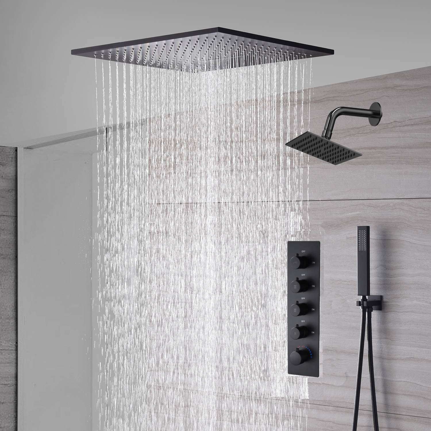 waterfall rainfall 20'' or 24'' Flush or ceiling mounted matte Black 4 way Digital display thermostatic shower faucets With regular head - Image 7