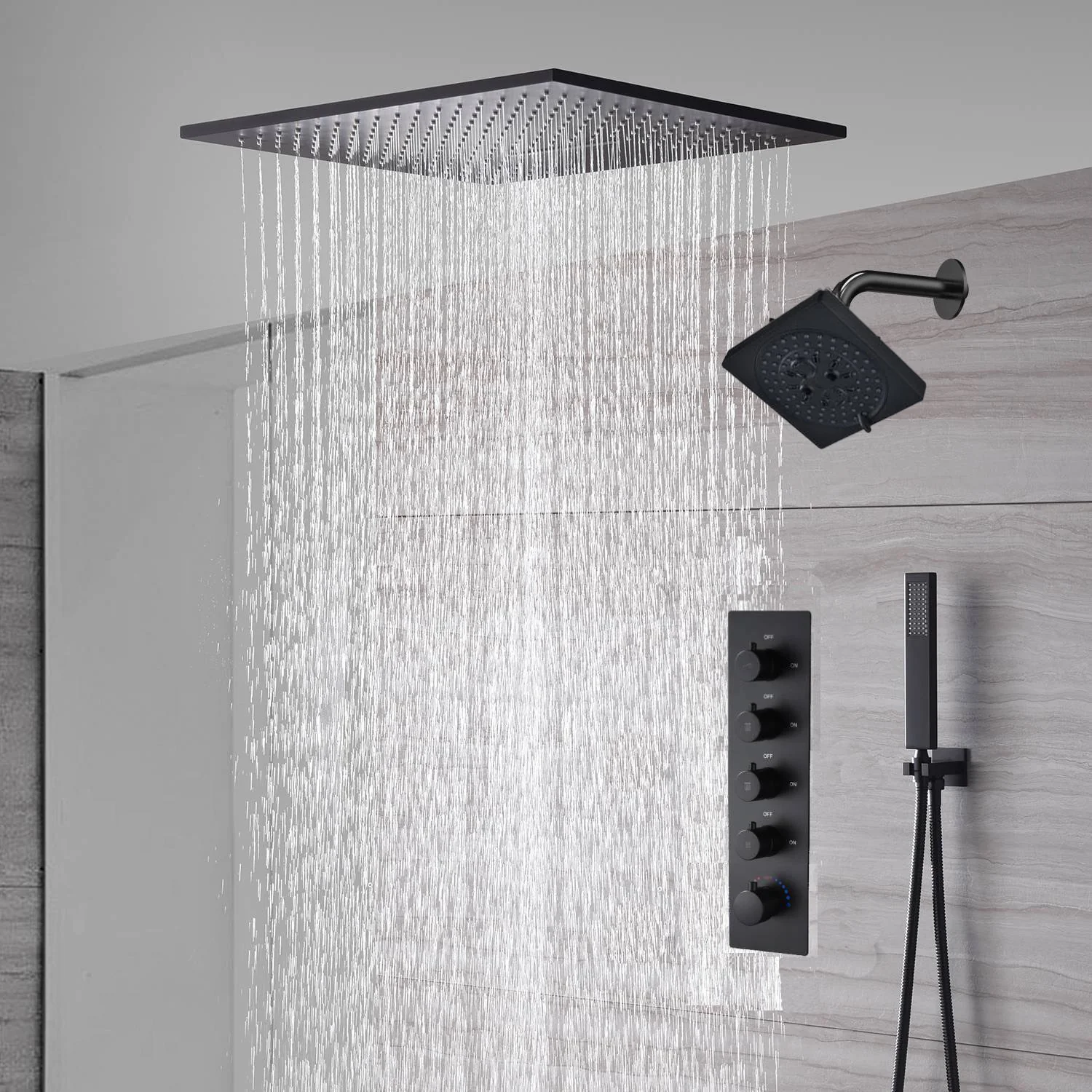 waterfall rainfall 20'' or 24'' Flush or ceiling mounted matte Black 4 way Digital display thermostatic shower faucets With regular head - Image 8