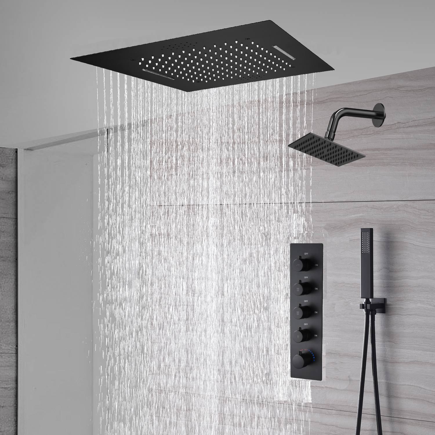 waterfall rainfall 20'' or 24'' Flush or ceiling mounted matte Black 4 way Digital display thermostatic shower faucets With regular head - Image 9
