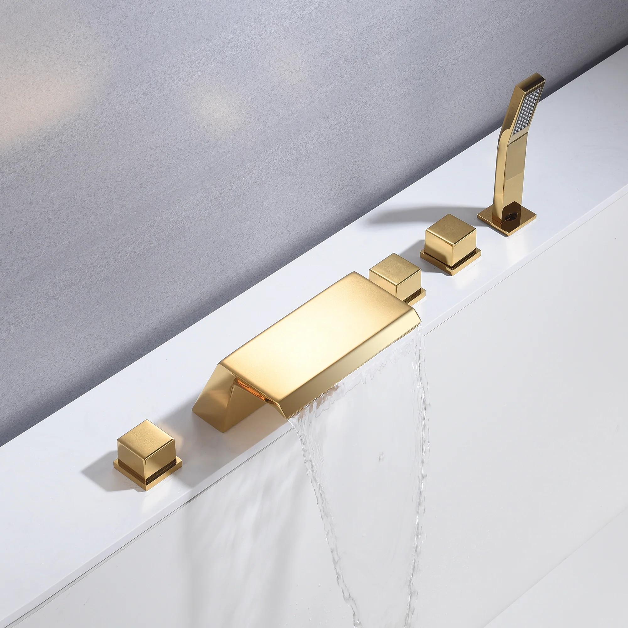 Waterfall Tub Filler Bathtub Faucet Polished Gold 5-Hole 3-Handle Solid Brass Bathroom Bath Tub Faucets Mixer Tap with Hand Shower - Image 2