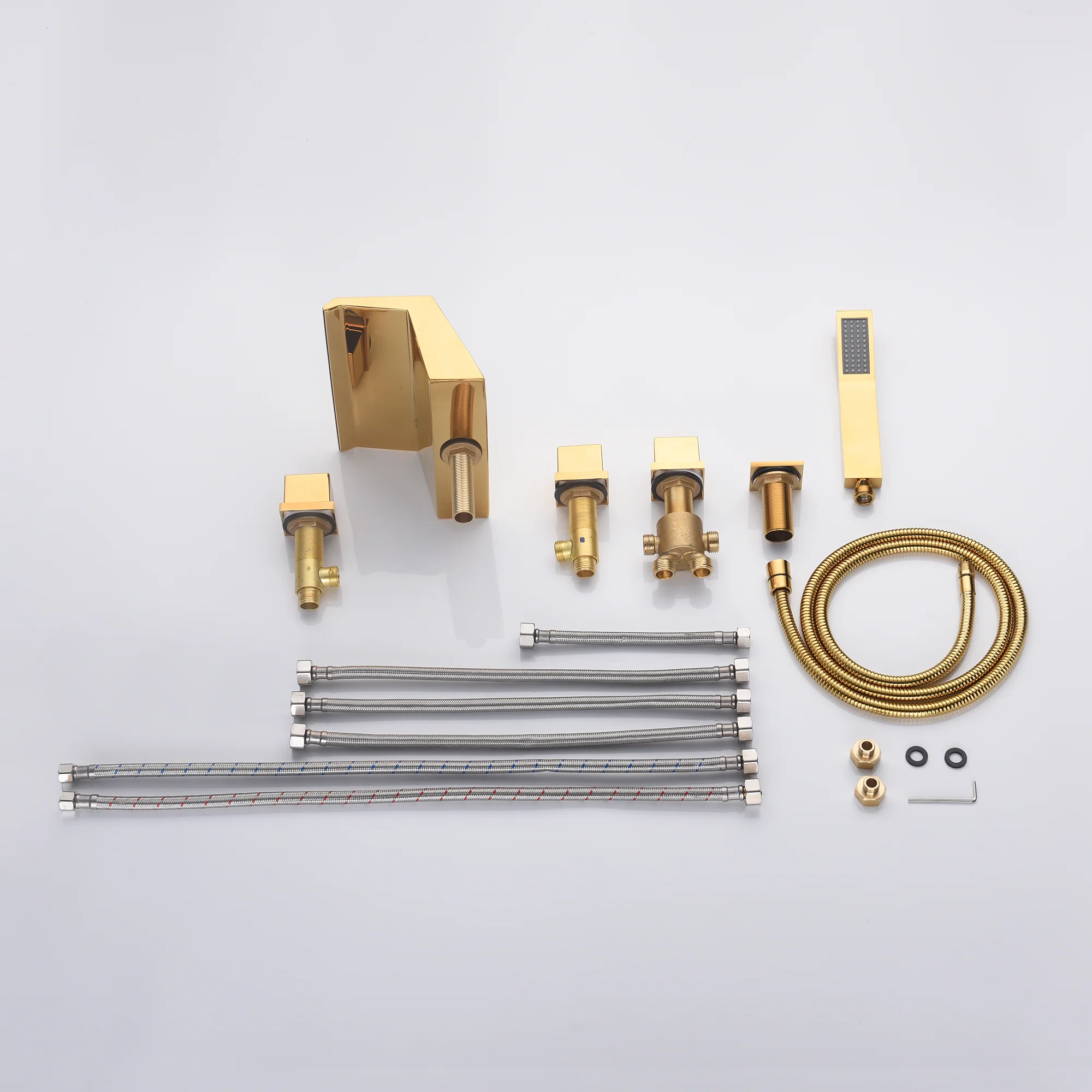 Waterfall Tub Filler Bathtub Faucet Polished Gold 5-Hole 3-Handle Solid Brass Bathroom Bath Tub Faucets Mixer Tap with Hand Shower - Image 3