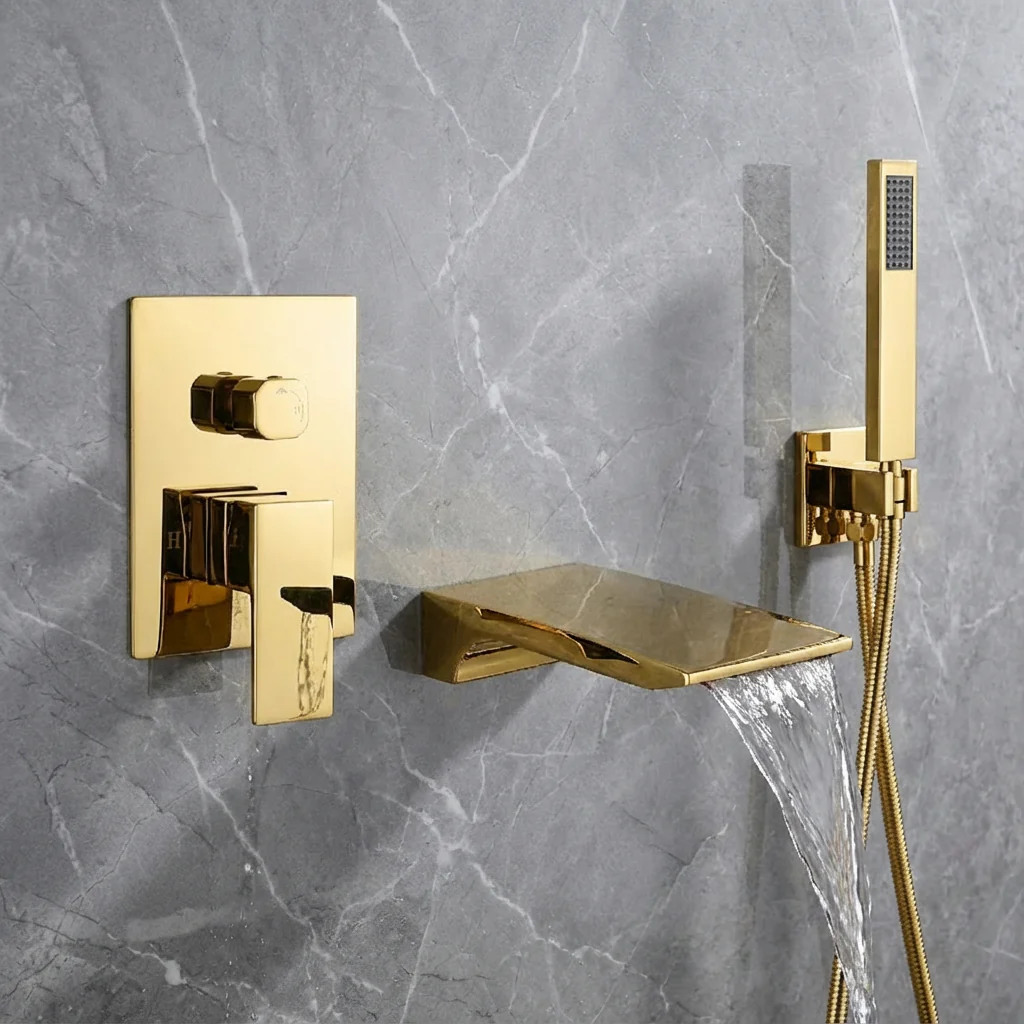 Waterfall Wall-mount pressure balance Bath Tub Filler Faucet with Handheld Shower Brushed Gold or Polished Gold - Image 2