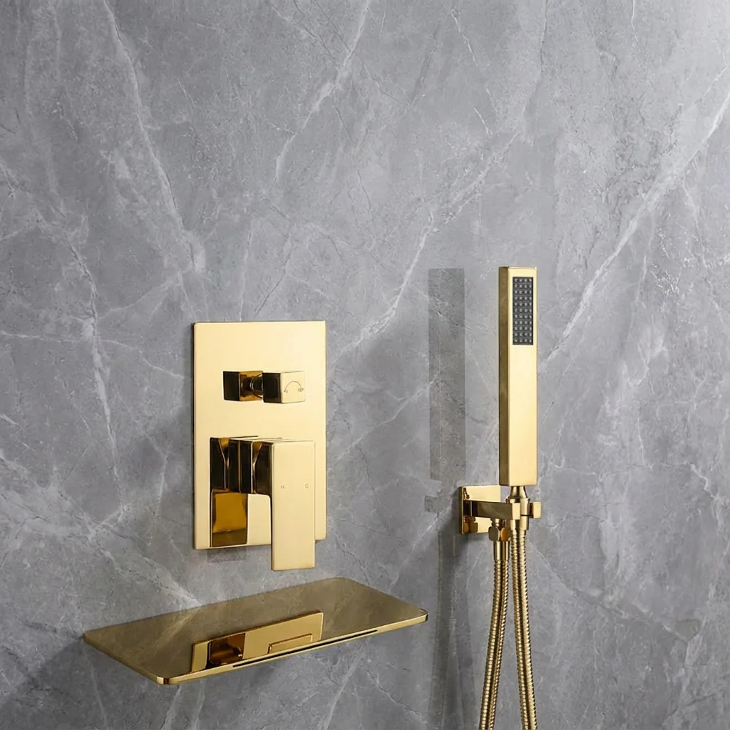 Waterfall Wall-mount pressure balance Bath Tub Filler Faucet with Handheld Shower Brushed Gold or Polished Gold - Image 3