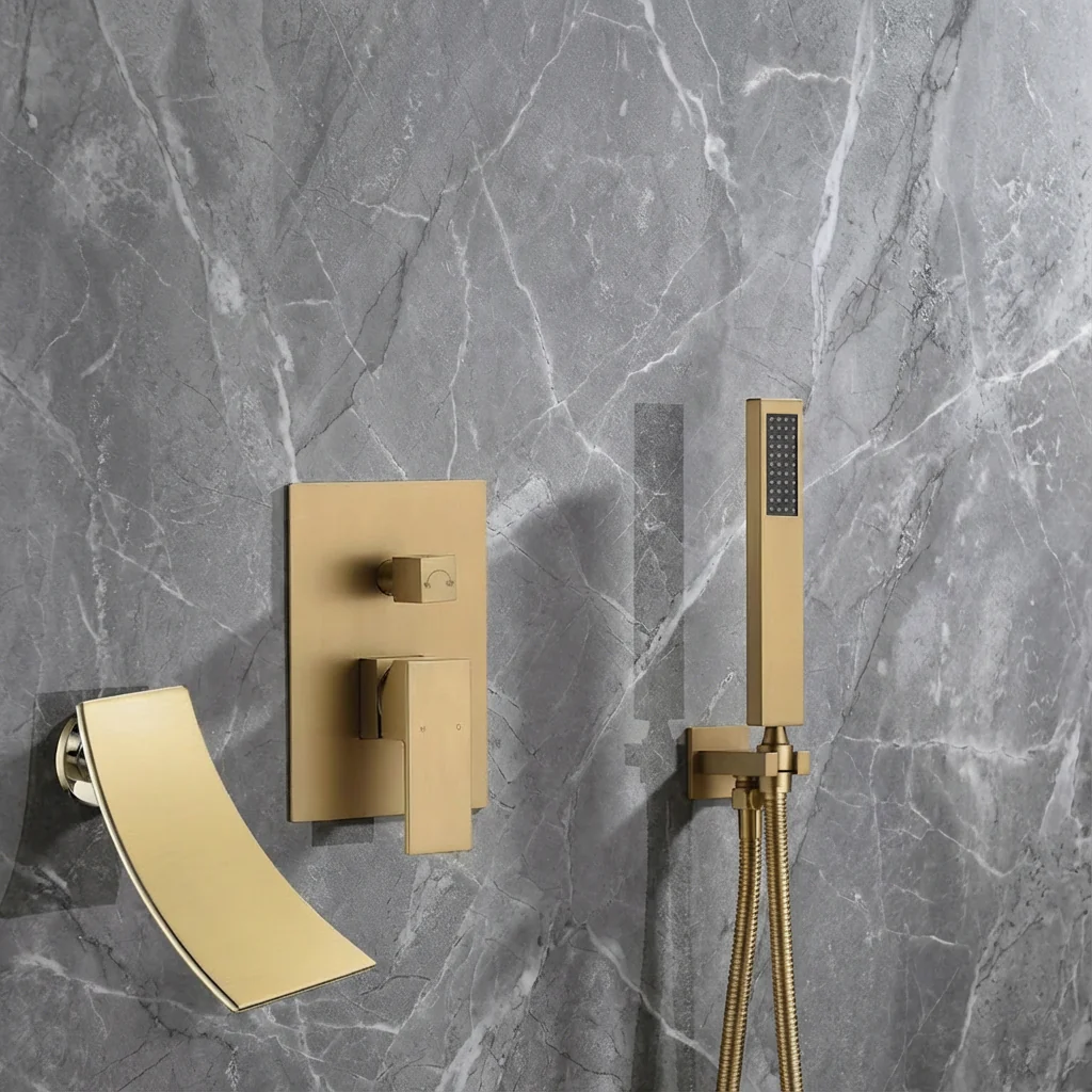 Waterfall Wall-mount pressure balance Bath Tub Filler Faucet with Handheld Shower Brushed Gold or Polished Gold - Image 7