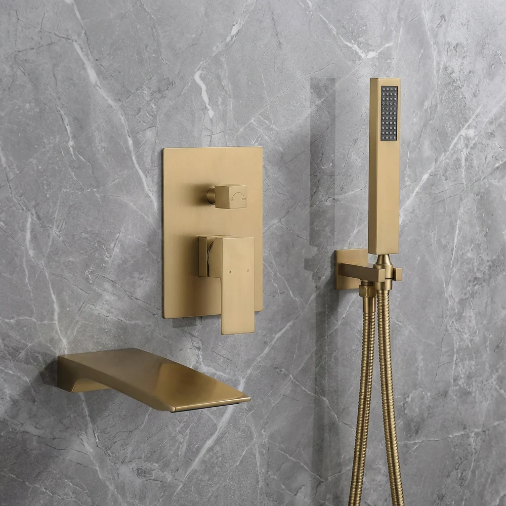 Waterfall Wall-mount pressure balance Bath Tub Filler Faucet with Handheld Shower Brushed Gold or Polished Gold - Image 8