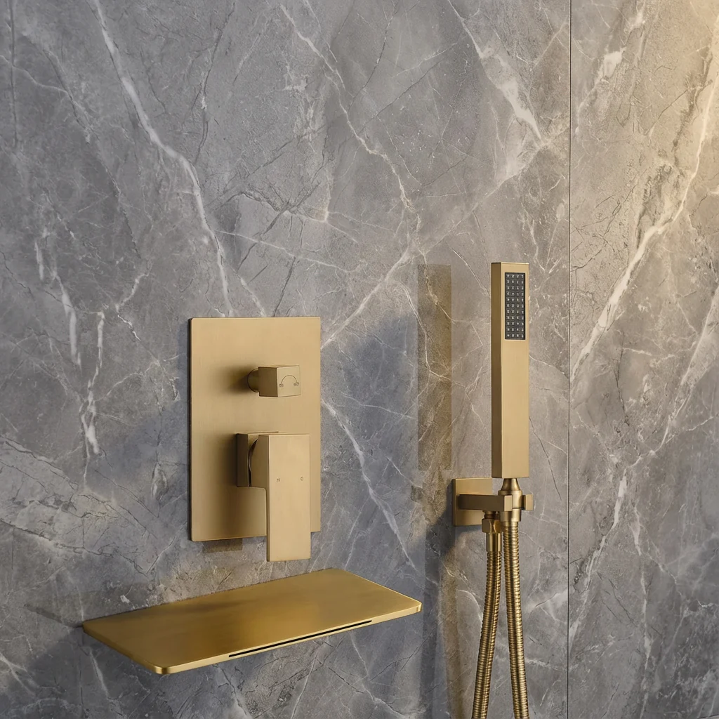 Waterfall Wall-mount pressure balance Bath Tub Filler Faucet with Handheld Shower Brushed Gold or Polished Gold - Image 9