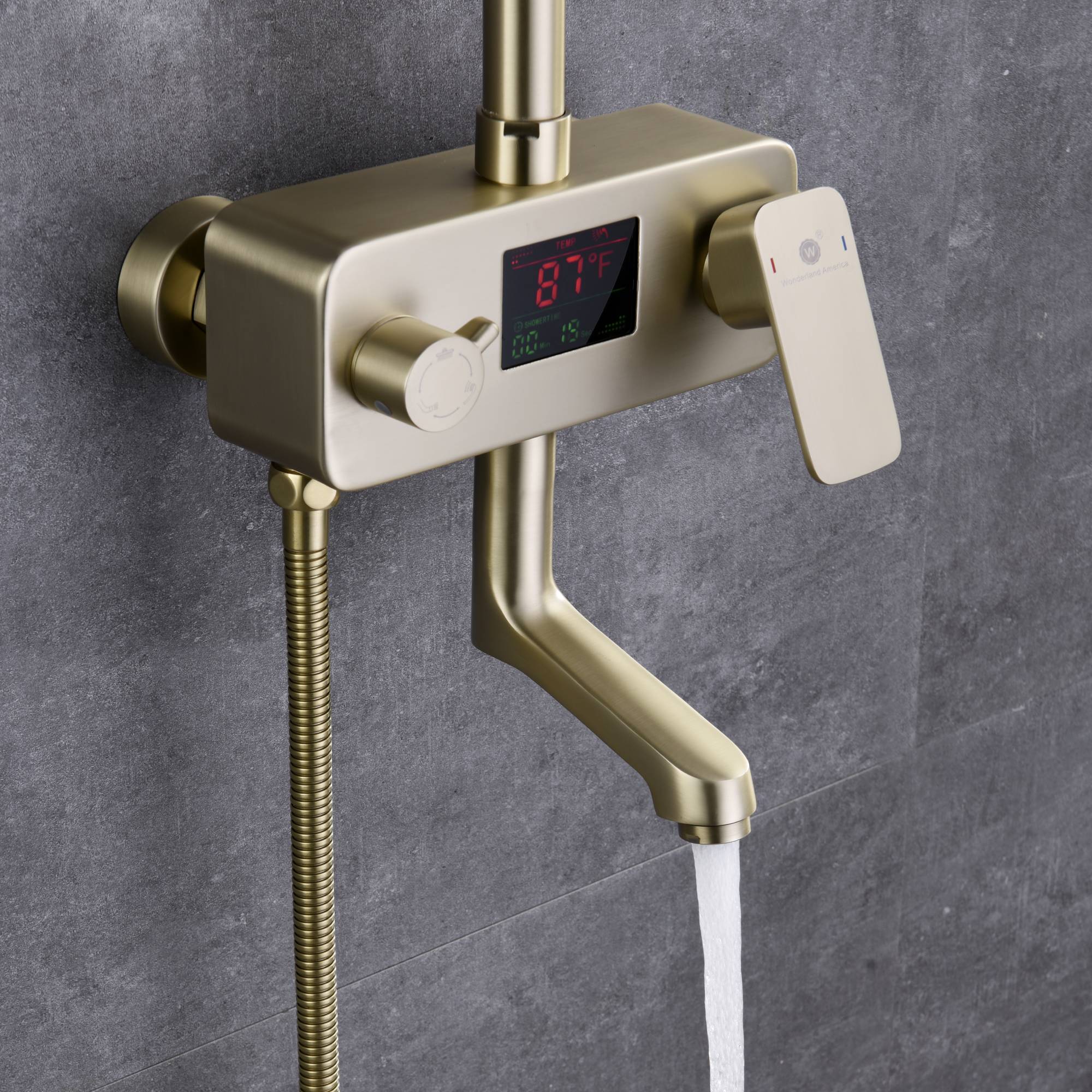 Digital Brushed Gold or Polished gold Wall-Mounted Rain Shower and Bathtub Mixer with Handheld Shower - Image 7