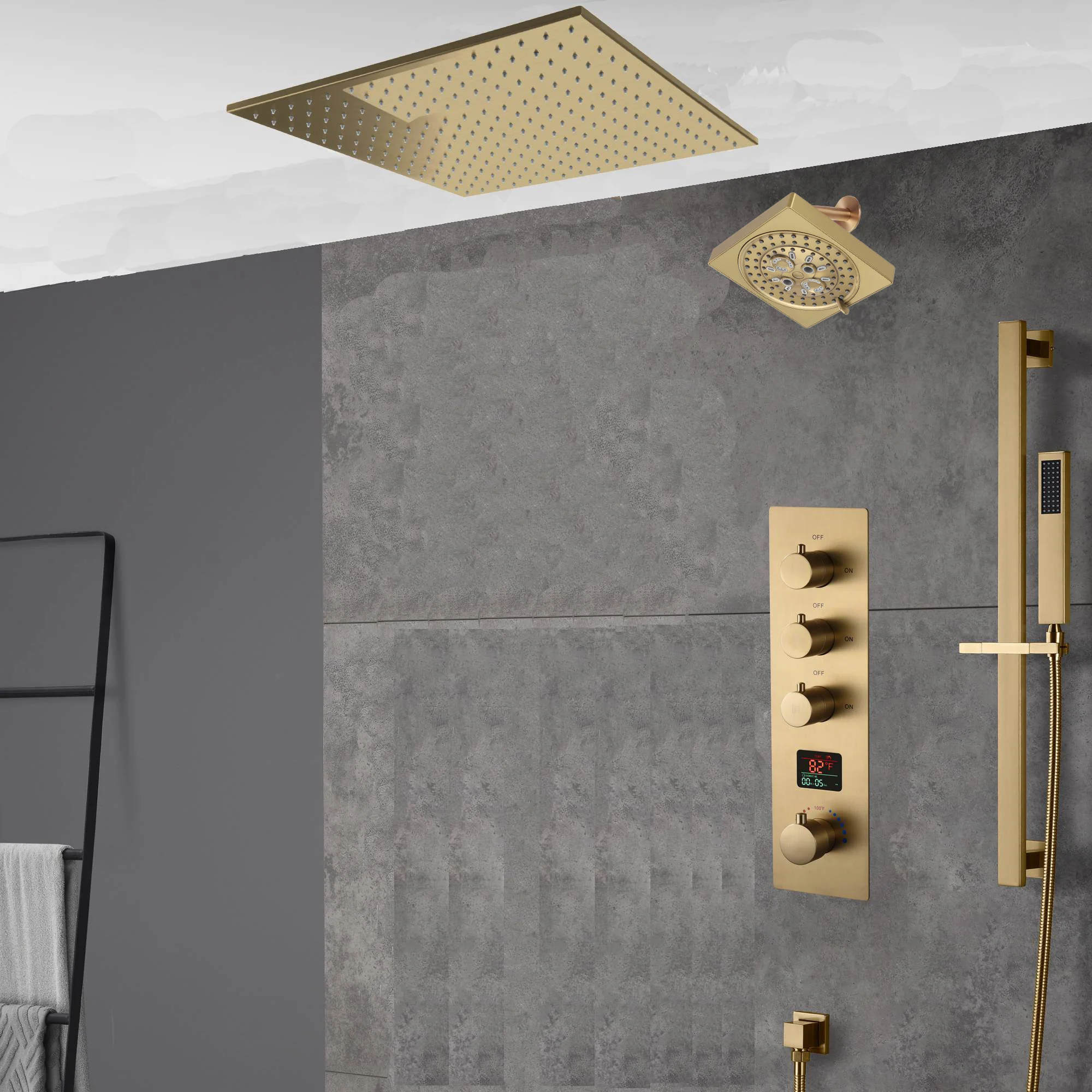 20 inch ceiling or flush mount Brushed gold 3 way digital display thermostatic shower faucet with high pressure 6 '' head  and handle sprayer - Image 4