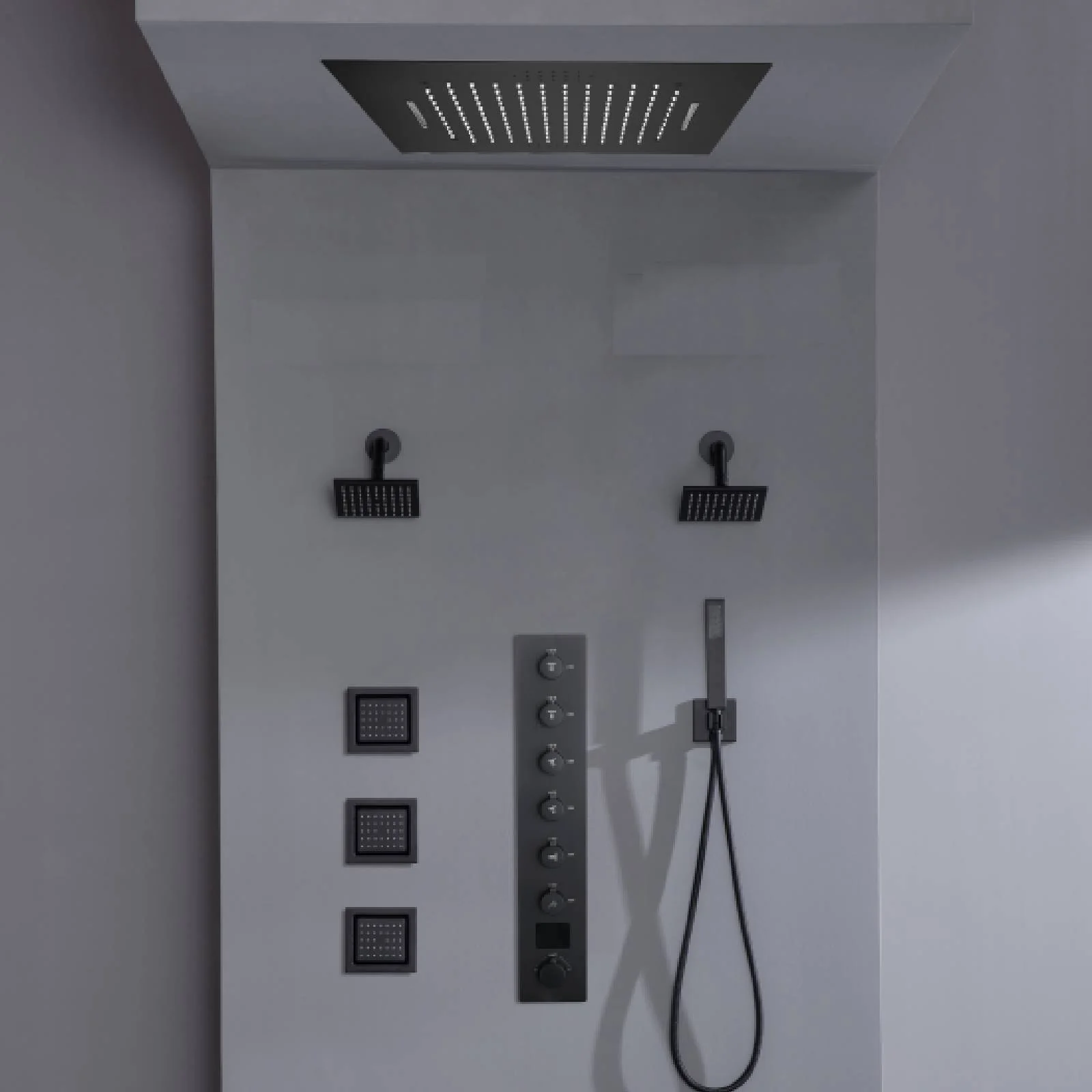 Flush mount 20 inch Rainfall Waterfall shower head 6 way Digital display thermostatic Shower Faucet with Dual Regular Heads and Body Jets - Image 18