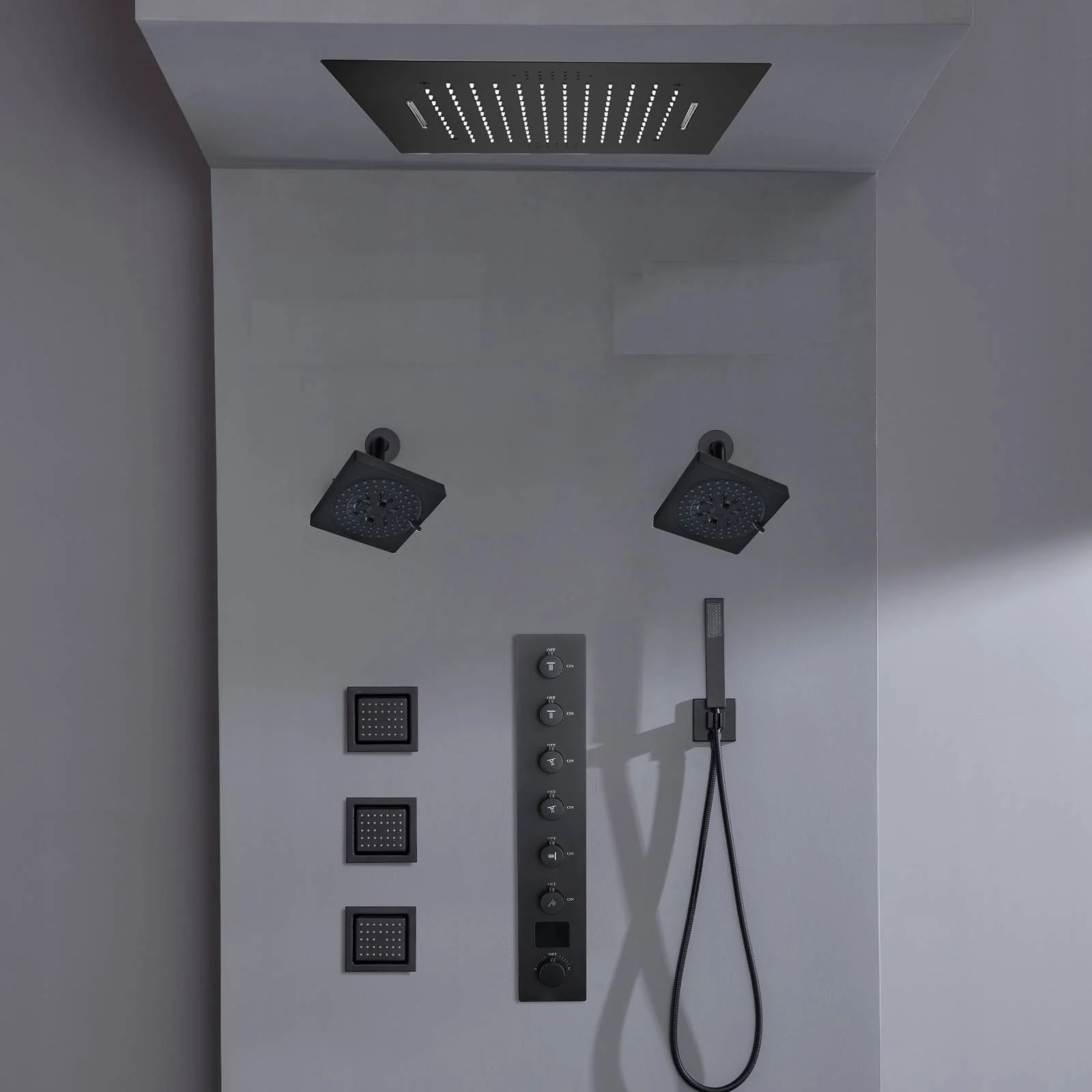 Flush mount 20 inch Rainfall Waterfall shower head 6 way Digital display thermostatic Shower Faucet with Dual Regular Heads and Body Jets - Image 19