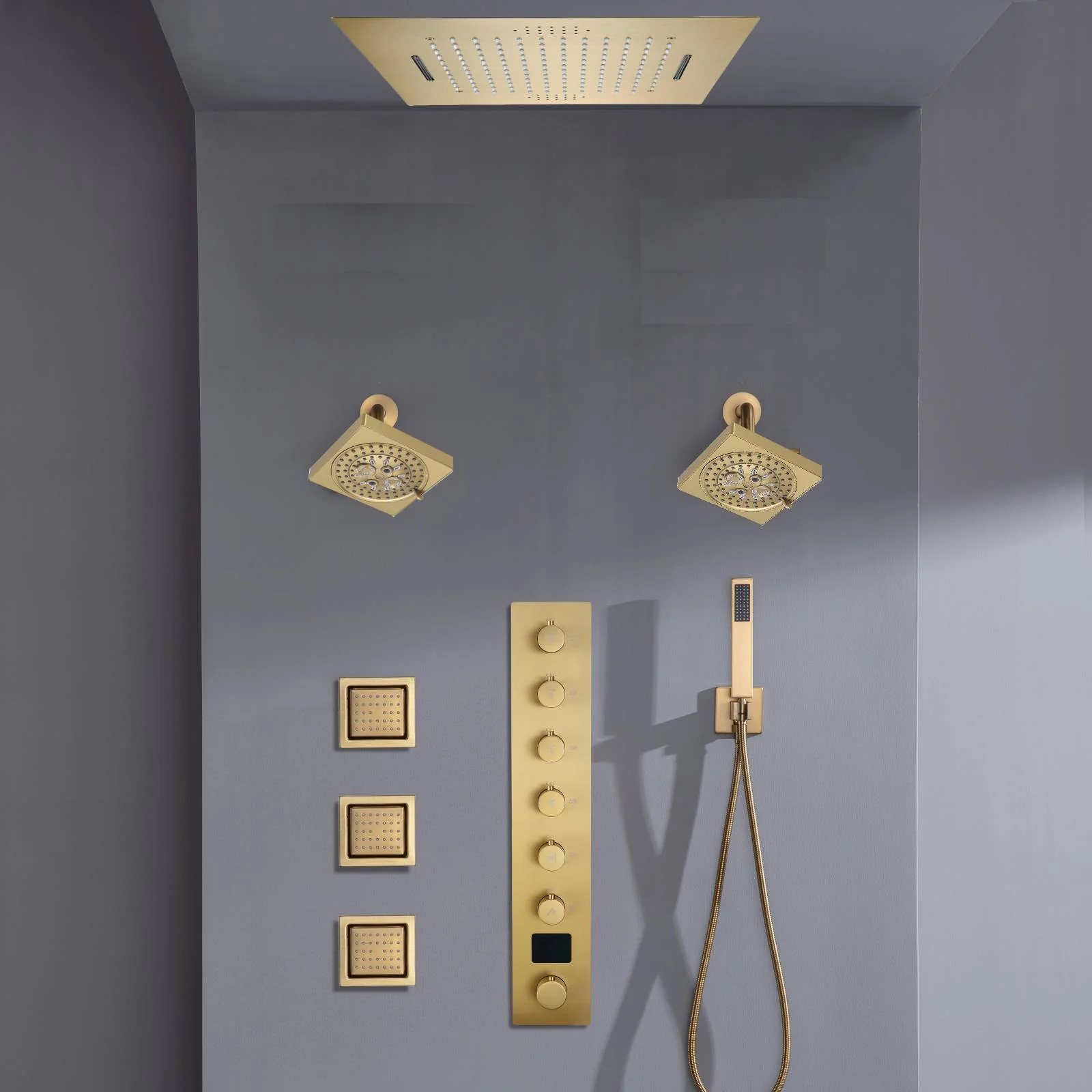 Flush mount 20 inch Rainfall Waterfall shower head 6 way Digital display thermostatic Shower Faucet with Dual Regular Heads and Body Jets - Image 2