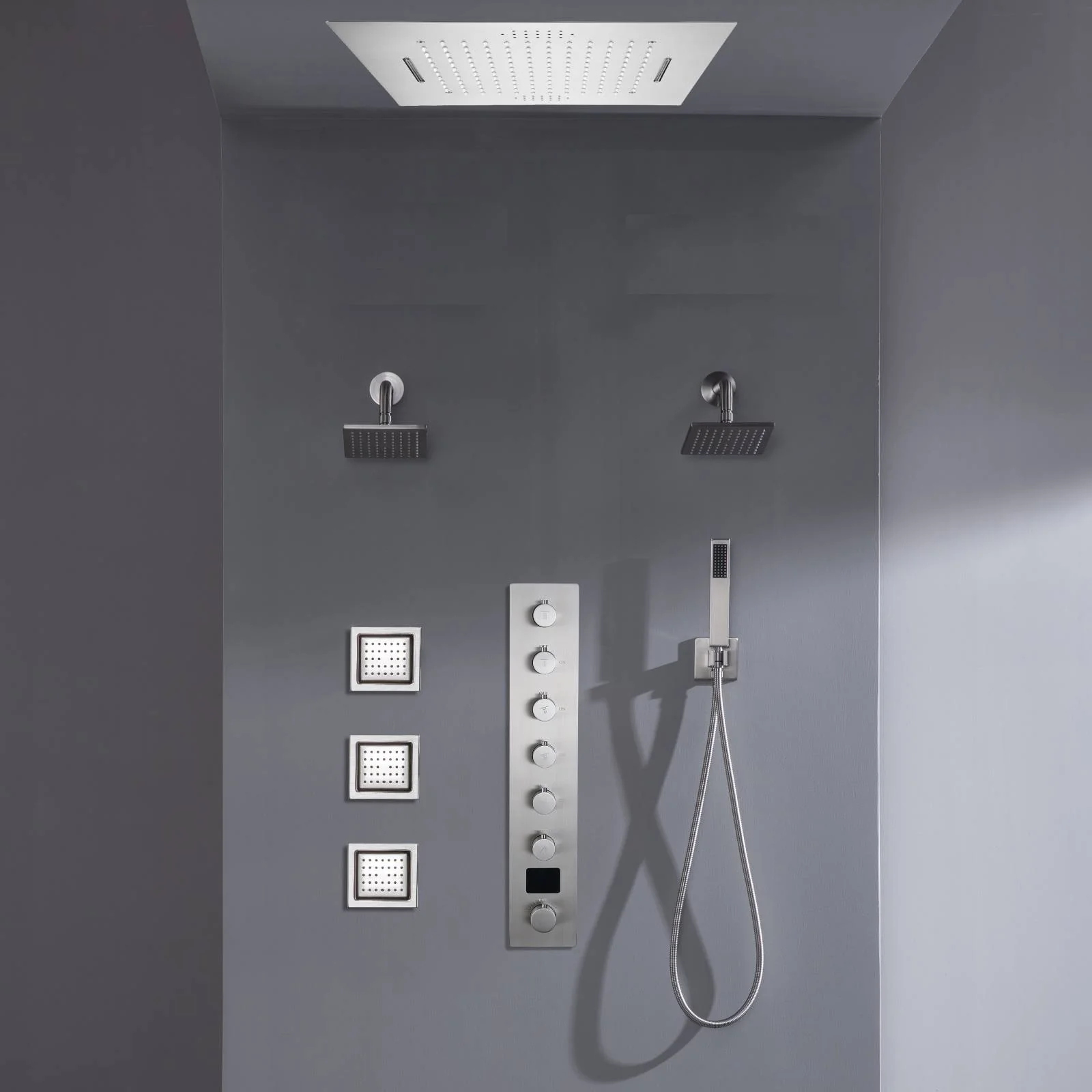 Flush mount 20 inch Rainfall Waterfall shower head 6 way Digital display thermostatic Shower Faucet with Dual Regular Heads and Body Jets - Image 37