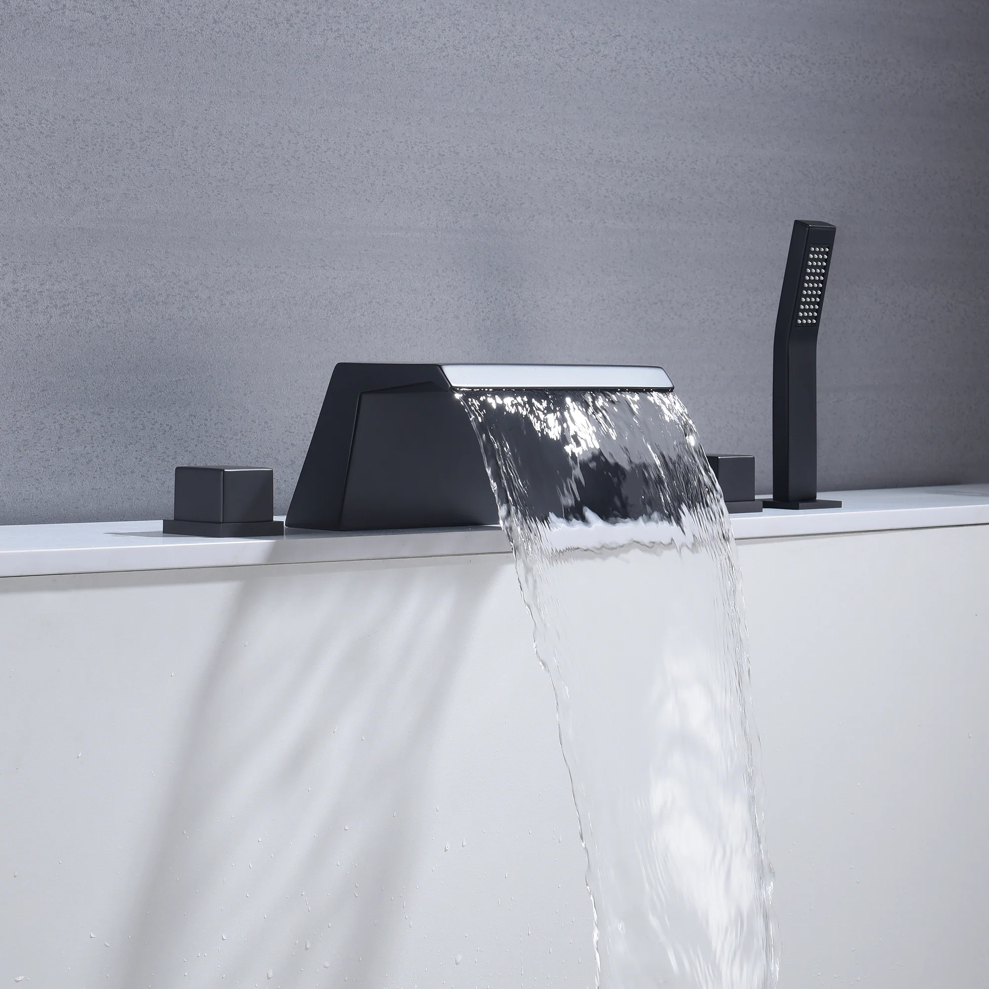 Waterfall Tub Filler Bathtub Faucet Matte Black 5-Hole 3-Handle Solid Brass Bathroom Bath Tub Faucets Mixer Tap with Hand Shower - Image 2
