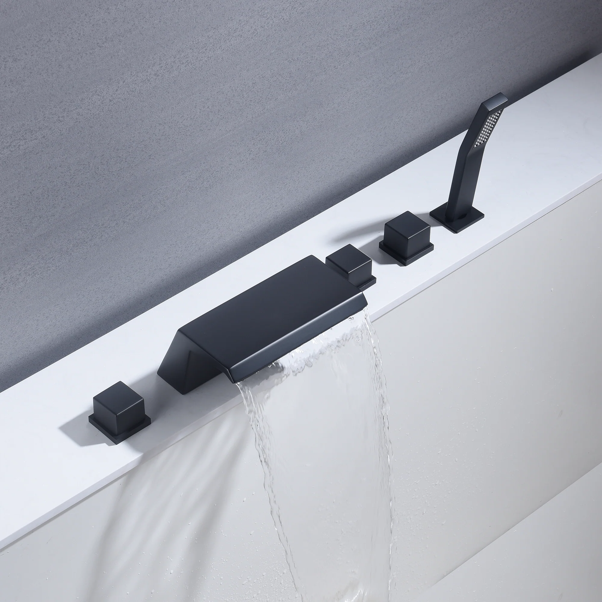 Waterfall Tub Filler Bathtub Faucet Matte Black 5-Hole 3-Handle Solid Brass Bathroom Bath Tub Faucets Mixer Tap with Hand Shower - Image 3
