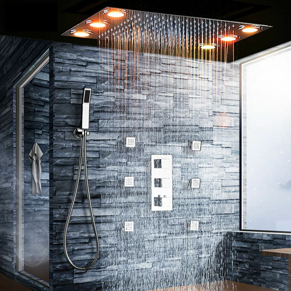 Flush in 20" LED Rainfall Shower Heads Sets Bathroom Thermostatic Valve Faucet Bath Mixer - Image 4