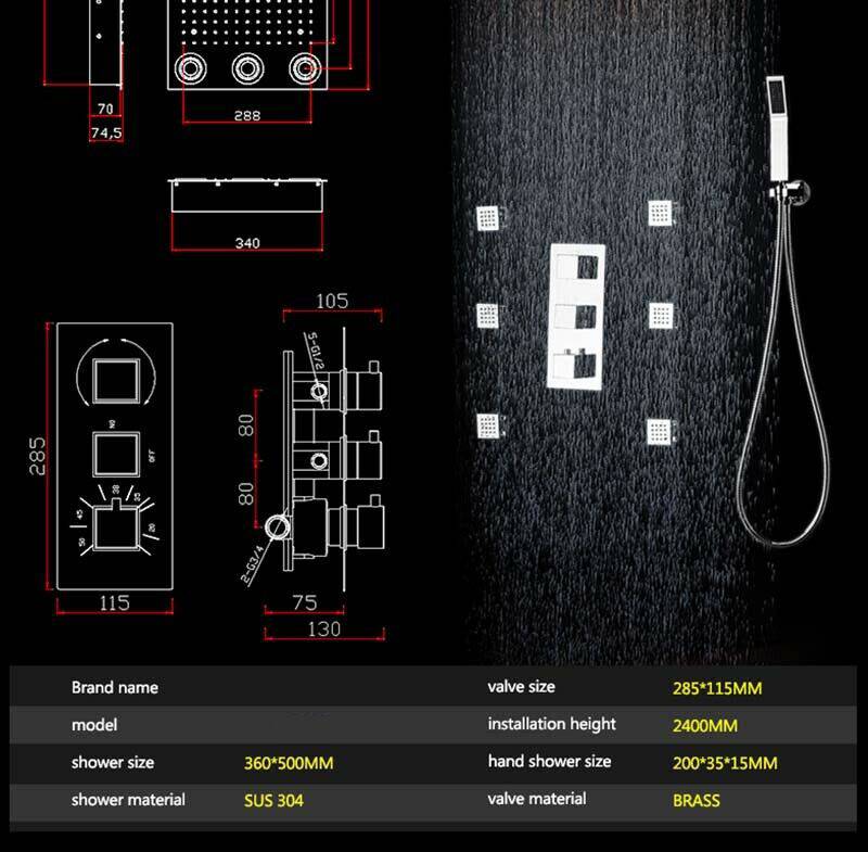 Flush in 20" LED Rainfall Shower Heads Sets Bathroom Thermostatic Valve Faucet Bath Mixer - Image 8