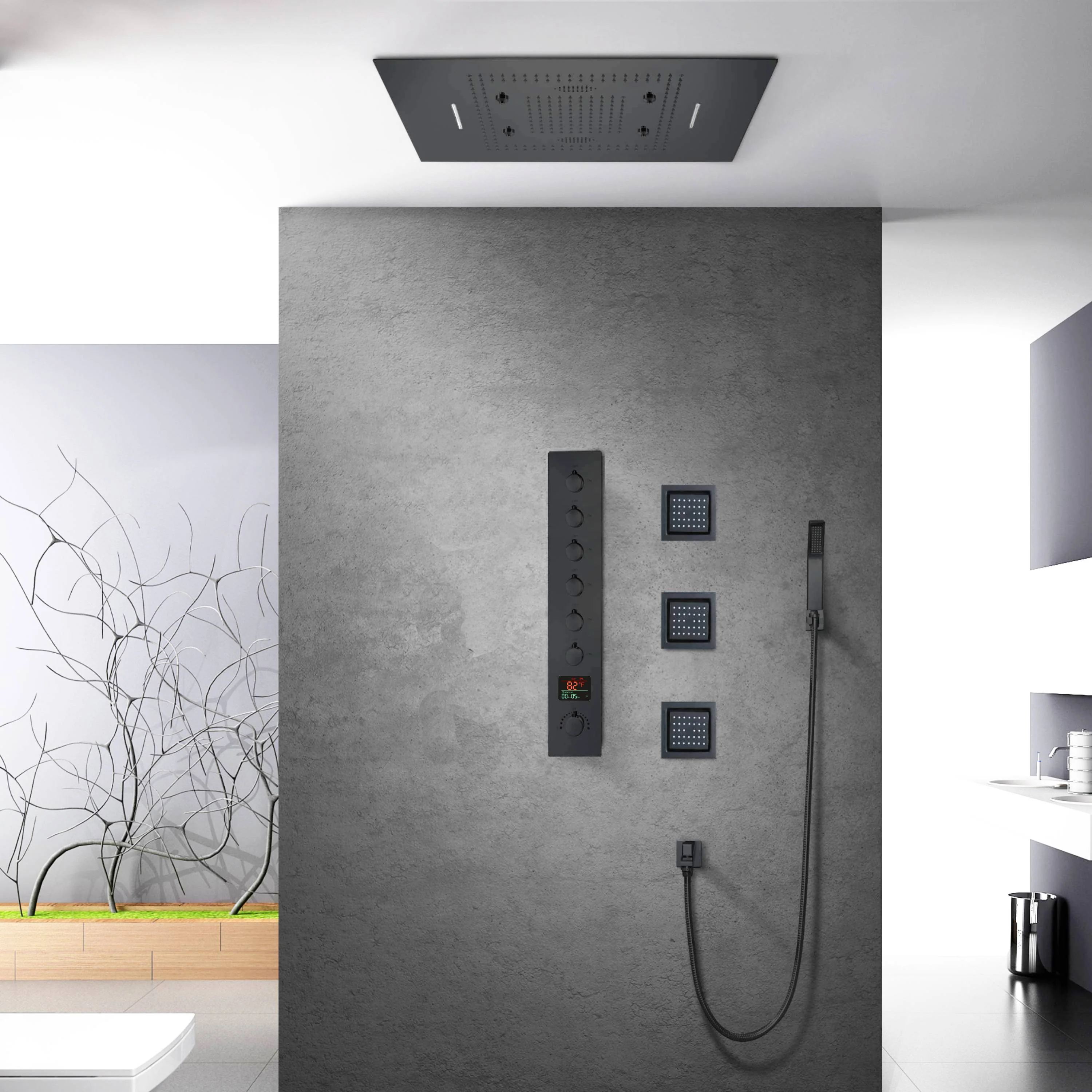 Matte Black 31" LED Rainfall Shower Head with Faucet, Massage Jets & Thermostatic Valve - Image 12