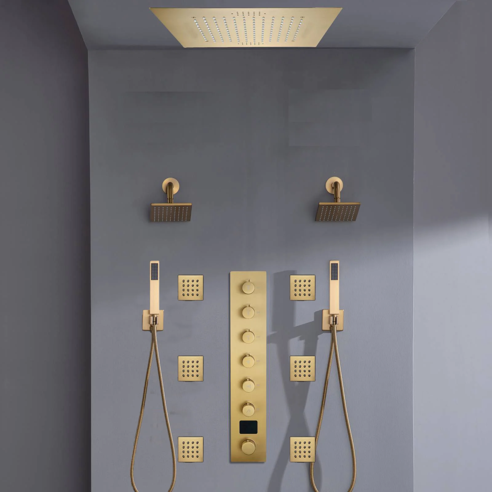Flush mount 20 inch Rainfall shower head 6 way Digital display thermostatic Shower Faucet with Dual Regular Heads and Body Jets - Image 2