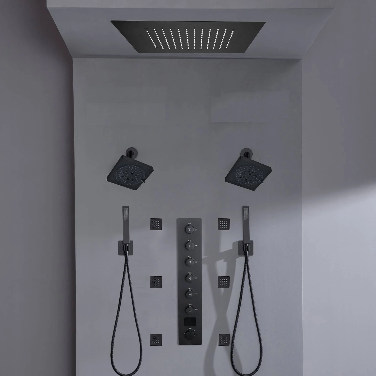Flush mount 20 inch Rainfall shower head 6 way Digital display thermostatic Shower Faucet with Dual Regular Heads and Body Jets - Image 27