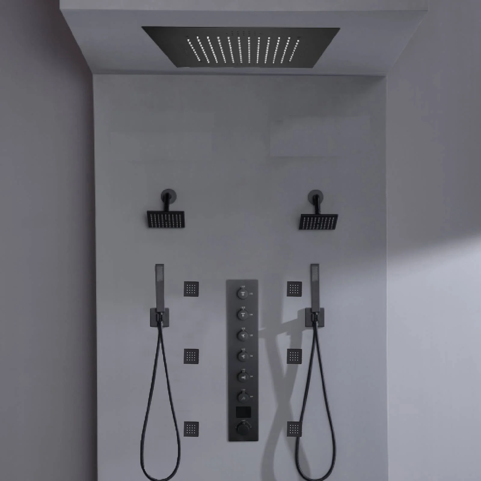 Flush mount 20 inch Rainfall shower head 6 way Digital display thermostatic Shower Faucet with Dual Regular Heads and Body Jets - Image 29